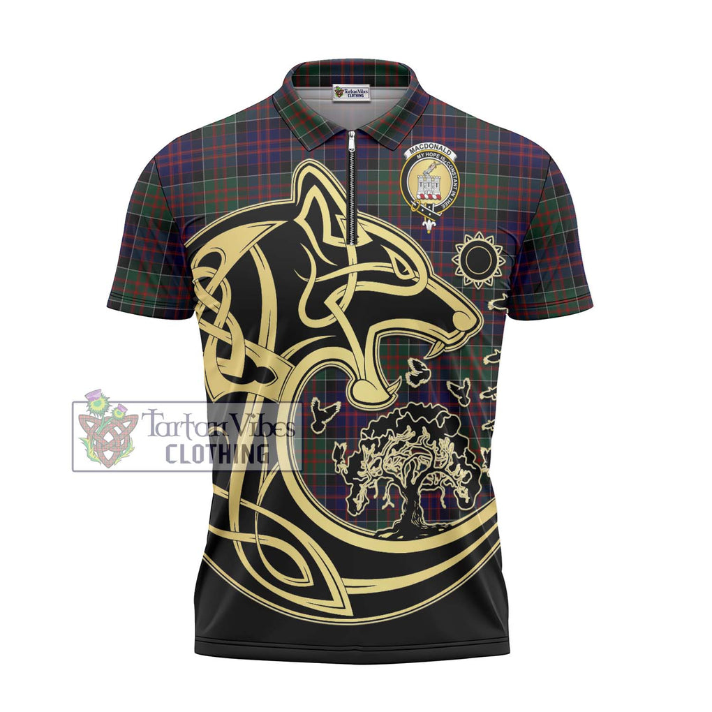 MacDonald (McDonald) of Clanranald Tartan Zipper Polo Shirt with Family Crest Celtic Wolf Style - Tartanvibesclothing Shop