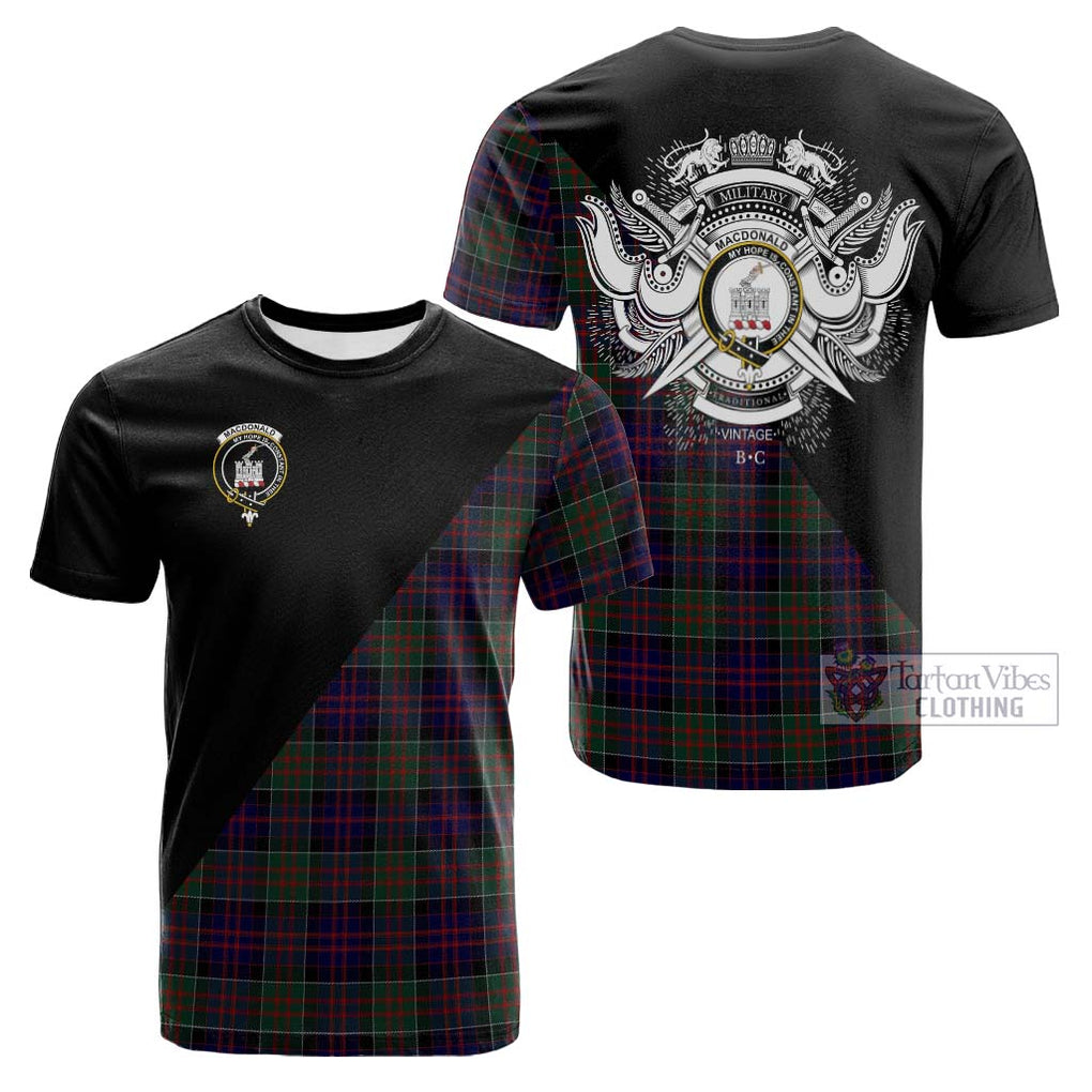 Tartan Vibes Clothing MacDonald of Clan Ranald Tartan Cotton T-shirt with Family Crest and Military Logo Style