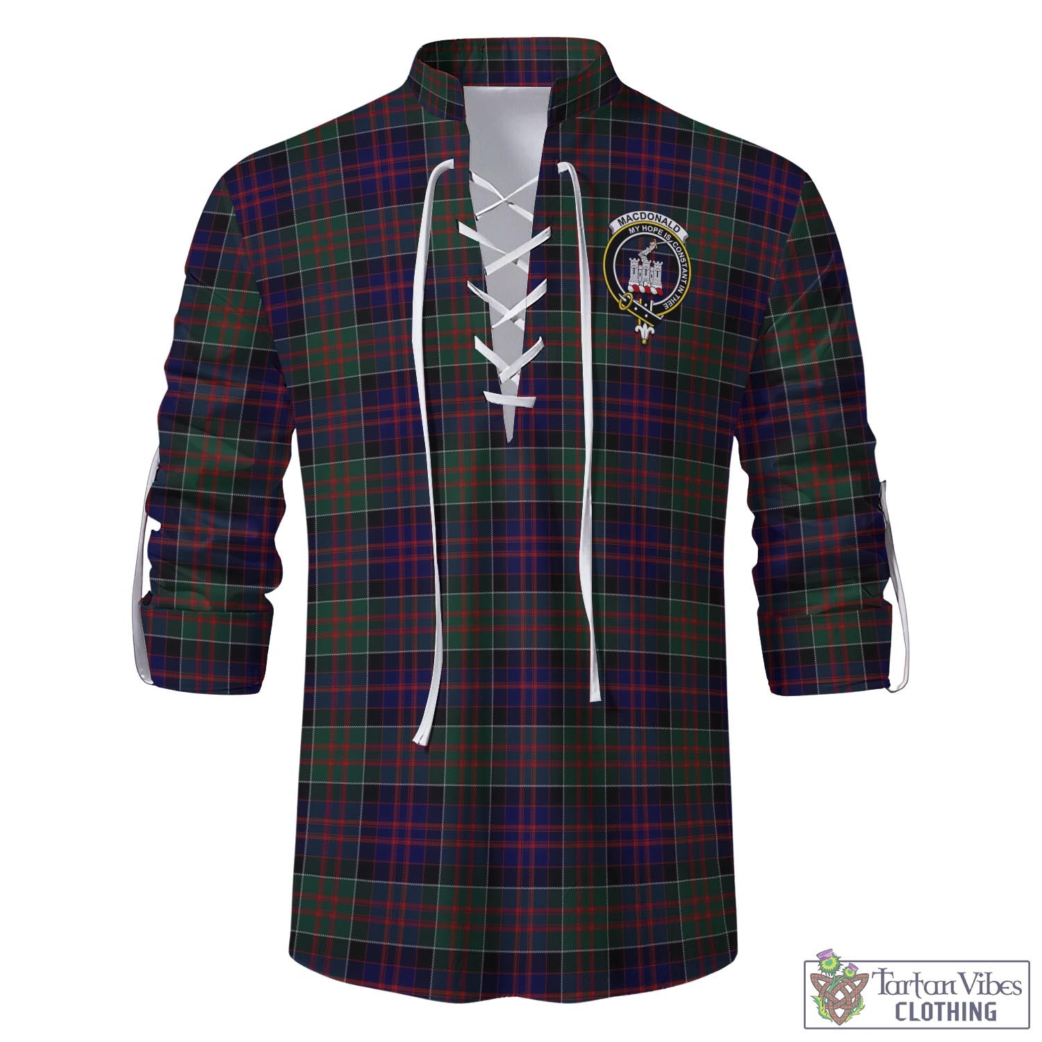 Tartan Vibes Clothing MacDonald of Clan Ranald Tartan Men's Scottish Traditional Jacobite Ghillie Kilt Shirt with Family Crest