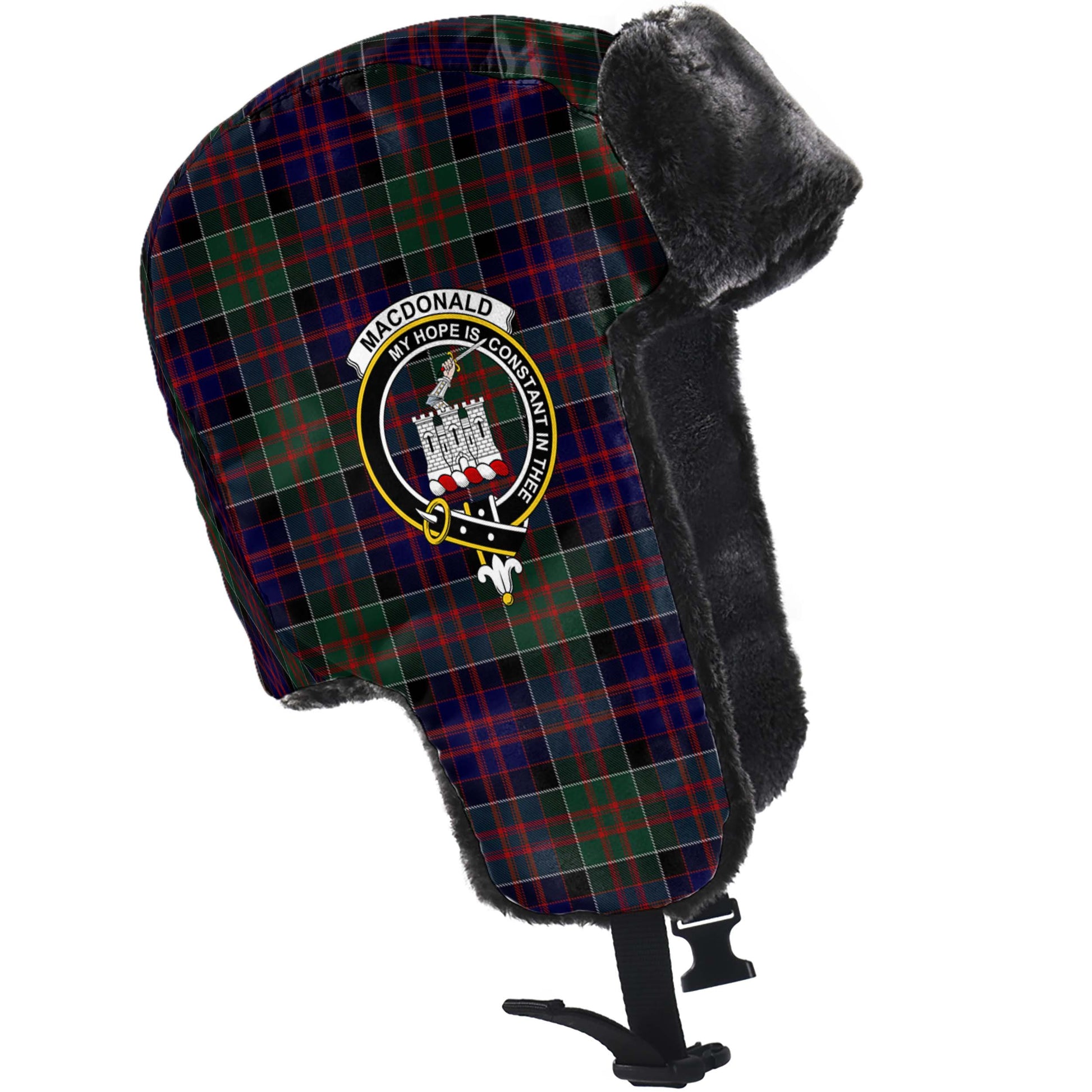 MacDonald of Clan Ranald Tartan Winter Trapper Hat with Family Crest - Tartanvibesclothing