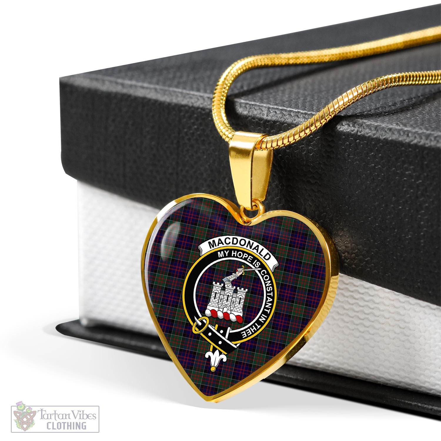 Tartan Vibes Clothing MacDonald of Clan Ranald Tartan Heart Necklace with Family Crest