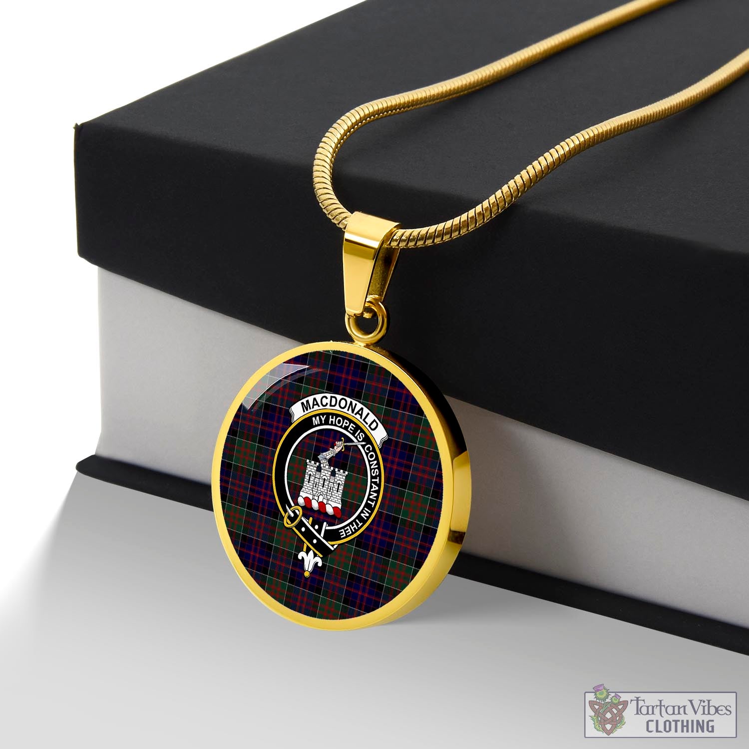 Tartan Vibes Clothing MacDonald of Clan Ranald Tartan Circle Necklace with Family Crest