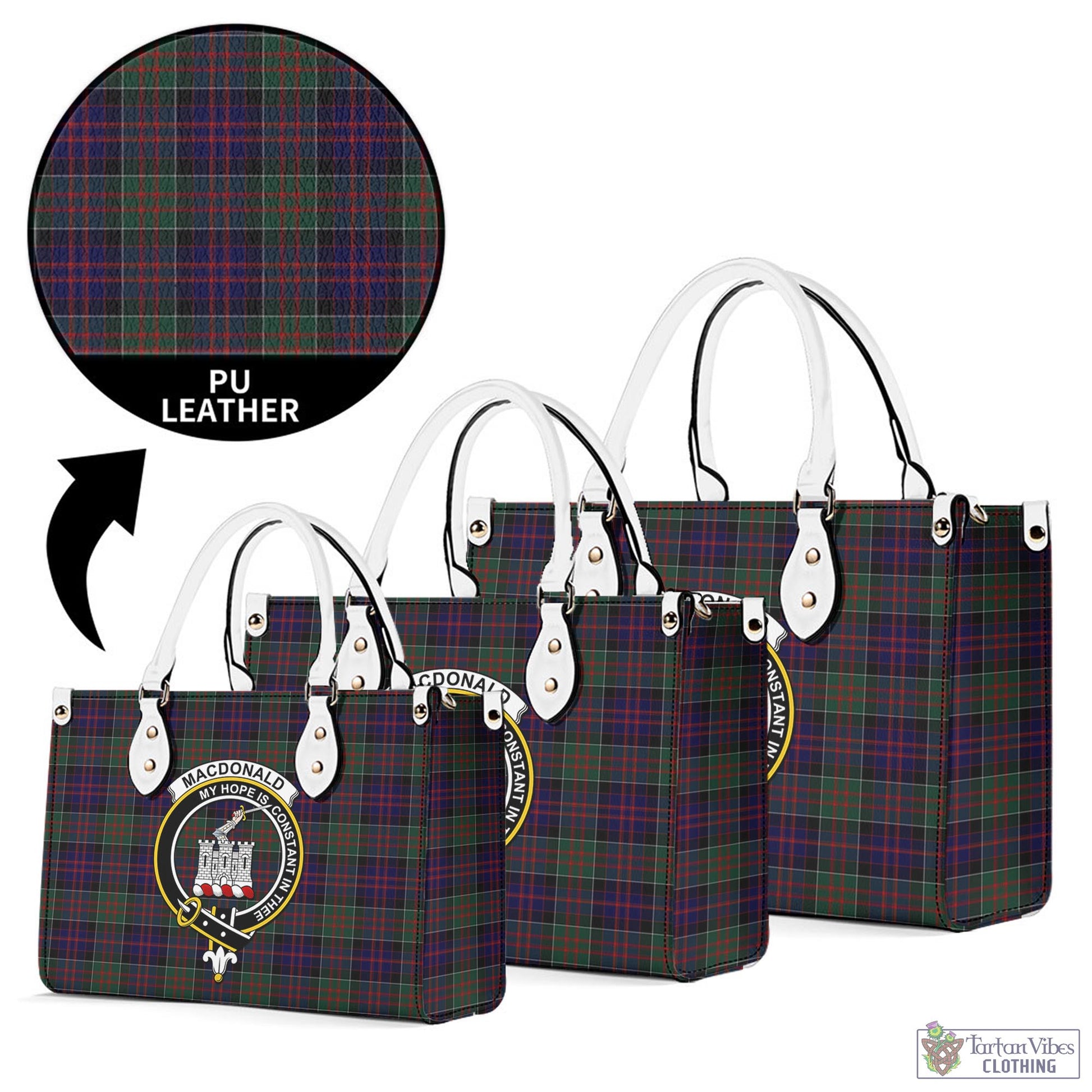 Tartan Vibes Clothing MacDonald of Clan Ranald Tartan Luxury Leather Handbags with Family Crest