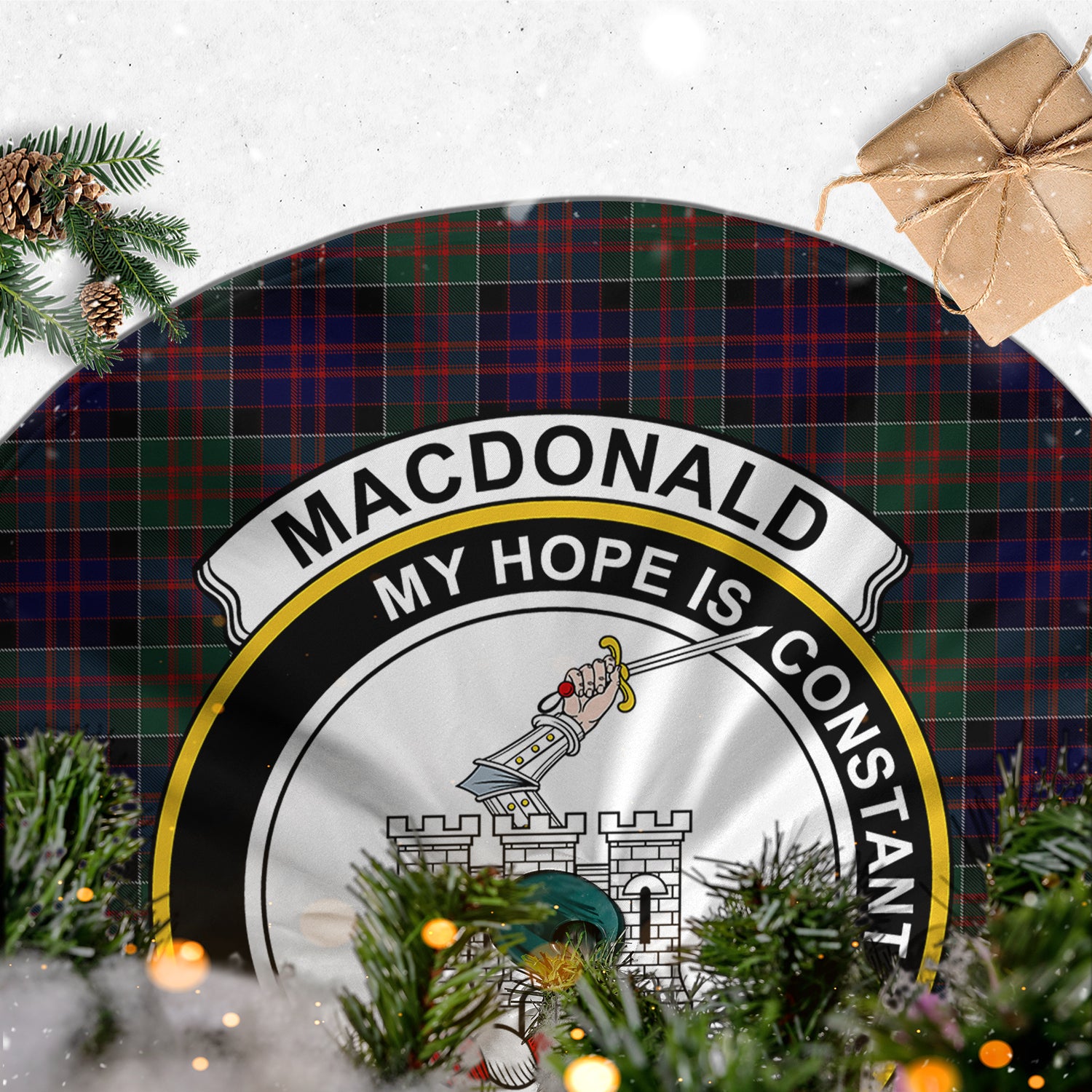 MacDonald of Clan Ranald Tartan Christmas Tree Skirt with Family Crest - Tartanvibesclothing