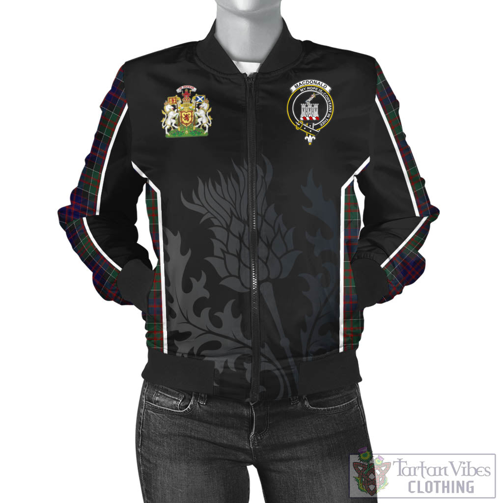 Tartan Vibes Clothing MacDonald of Clan Ranald Tartan Bomber Jacket with Family Crest and Scottish Thistle Vibes Sport Style