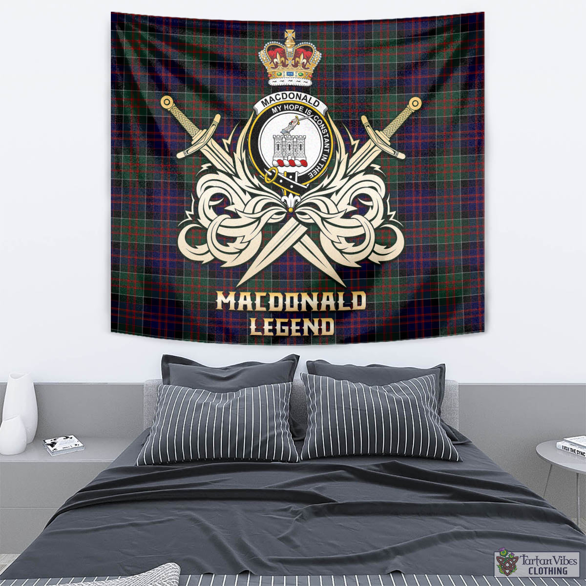 Tartan Vibes Clothing MacDonald of Clan Ranald Tartan Tapestry with Clan Crest and the Golden Sword of Courageous Legacy