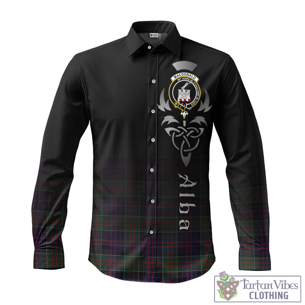 Tartan Vibes Clothing MacDonald of Clan Ranald Tartan Long Sleeve Button Up Featuring Alba Gu Brath Family Crest Celtic Inspired