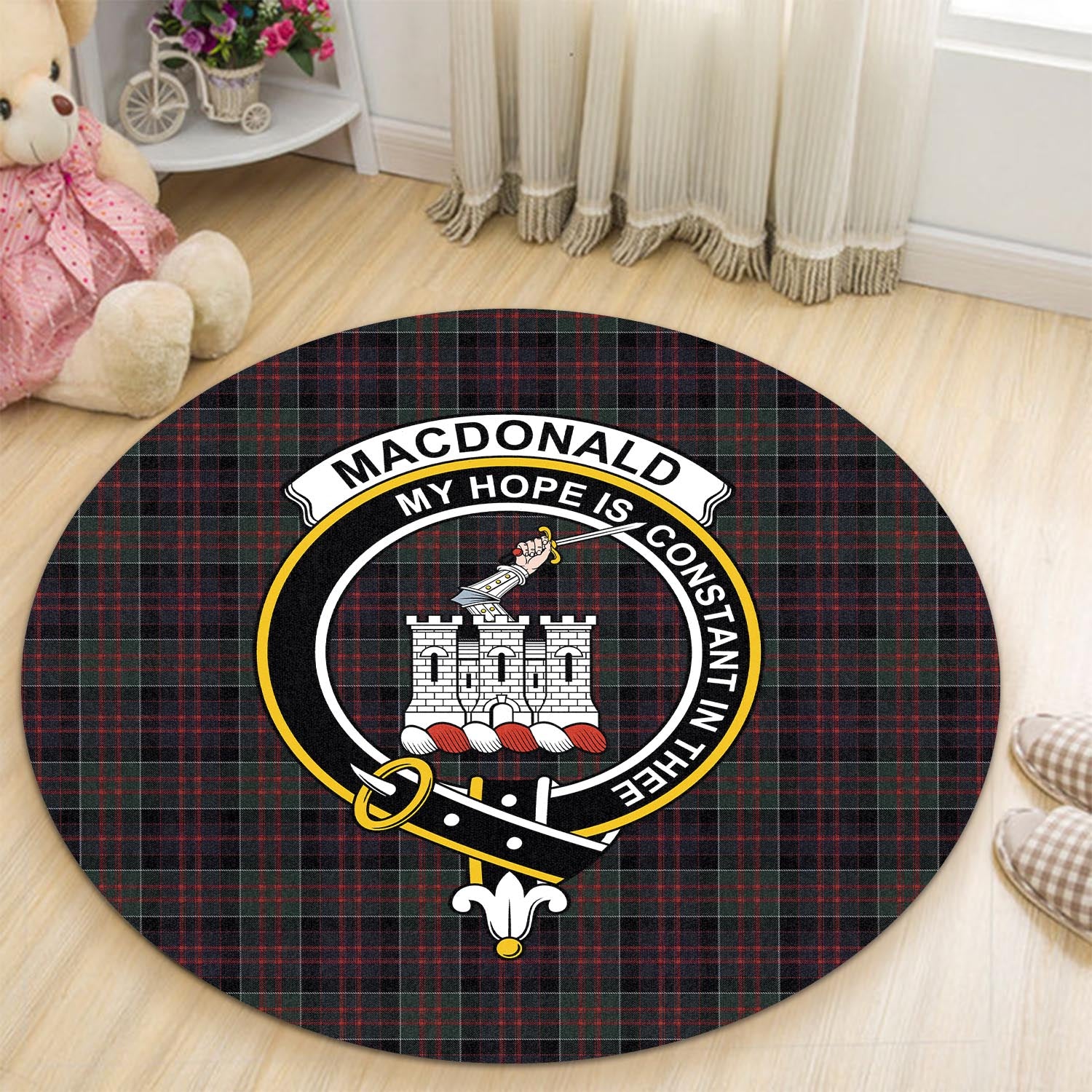 macdonald-of-clan-ranald-tartan-round-rug-with-family-crest