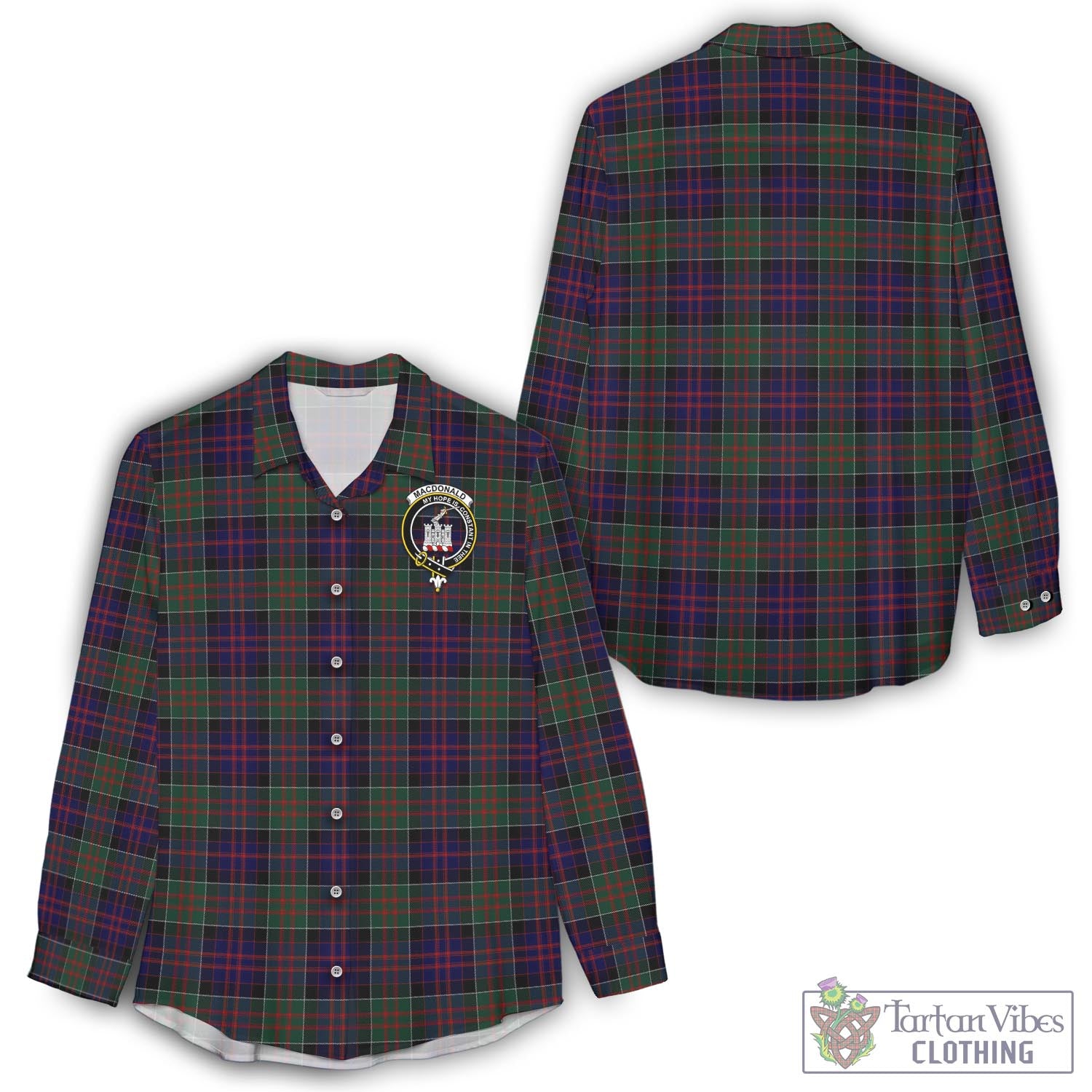 Tartan Vibes Clothing MacDonald of Clan Ranald Tartan Womens Casual Shirt with Family Crest