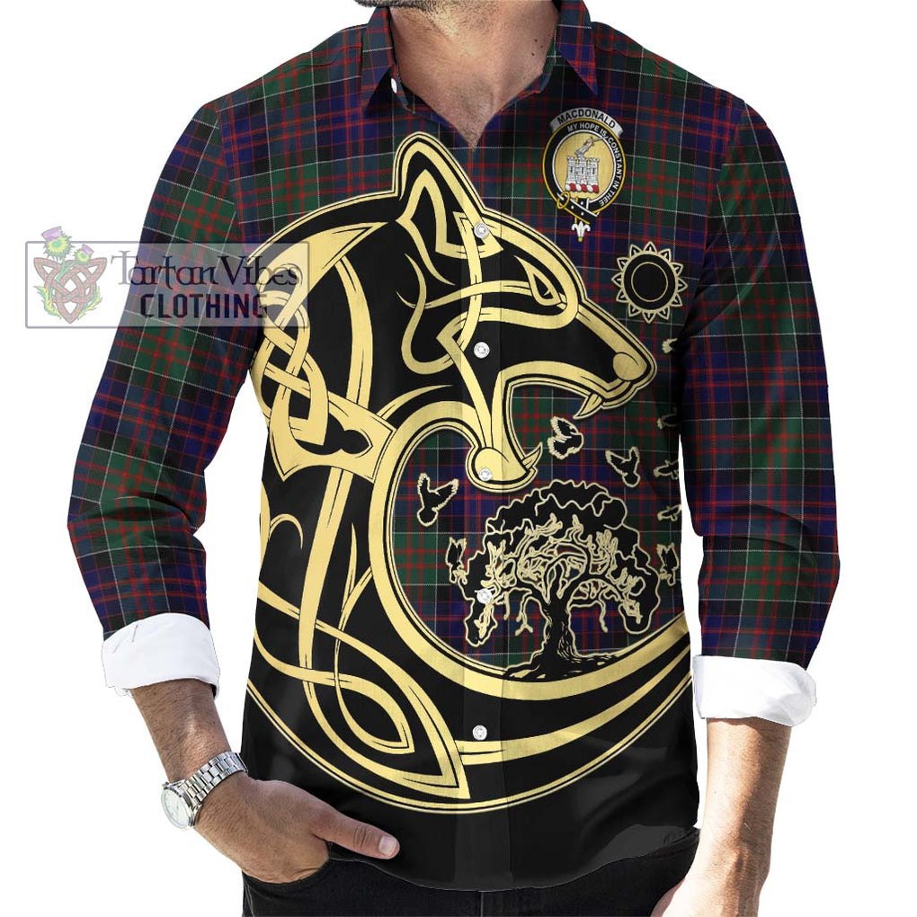 MacDonald (McDonald) of Clanranald Tartan Long Sleeve Button Shirt with Family Crest Celtic Wolf Style - Tartan Vibes Clothing