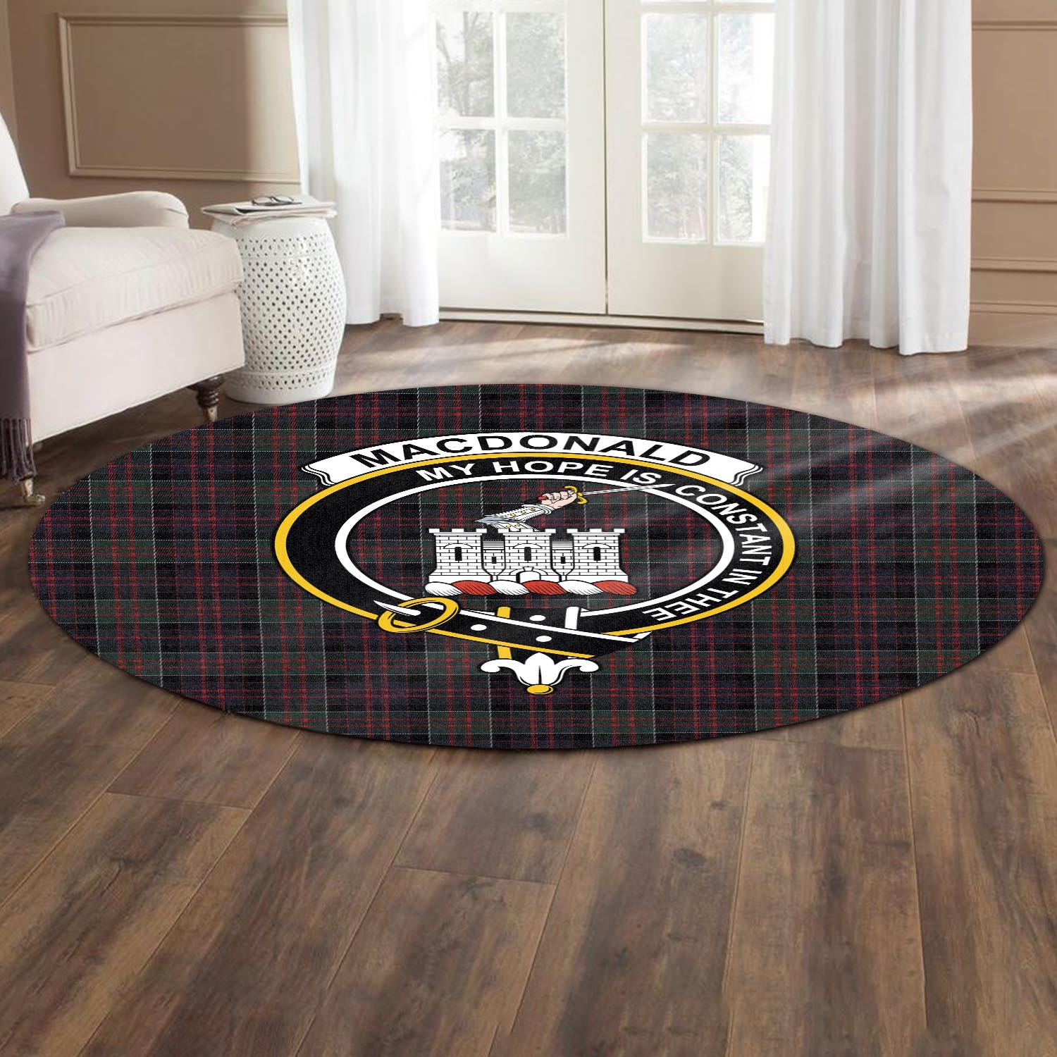 macdonald-of-clan-ranald-tartan-round-rug-with-family-crest