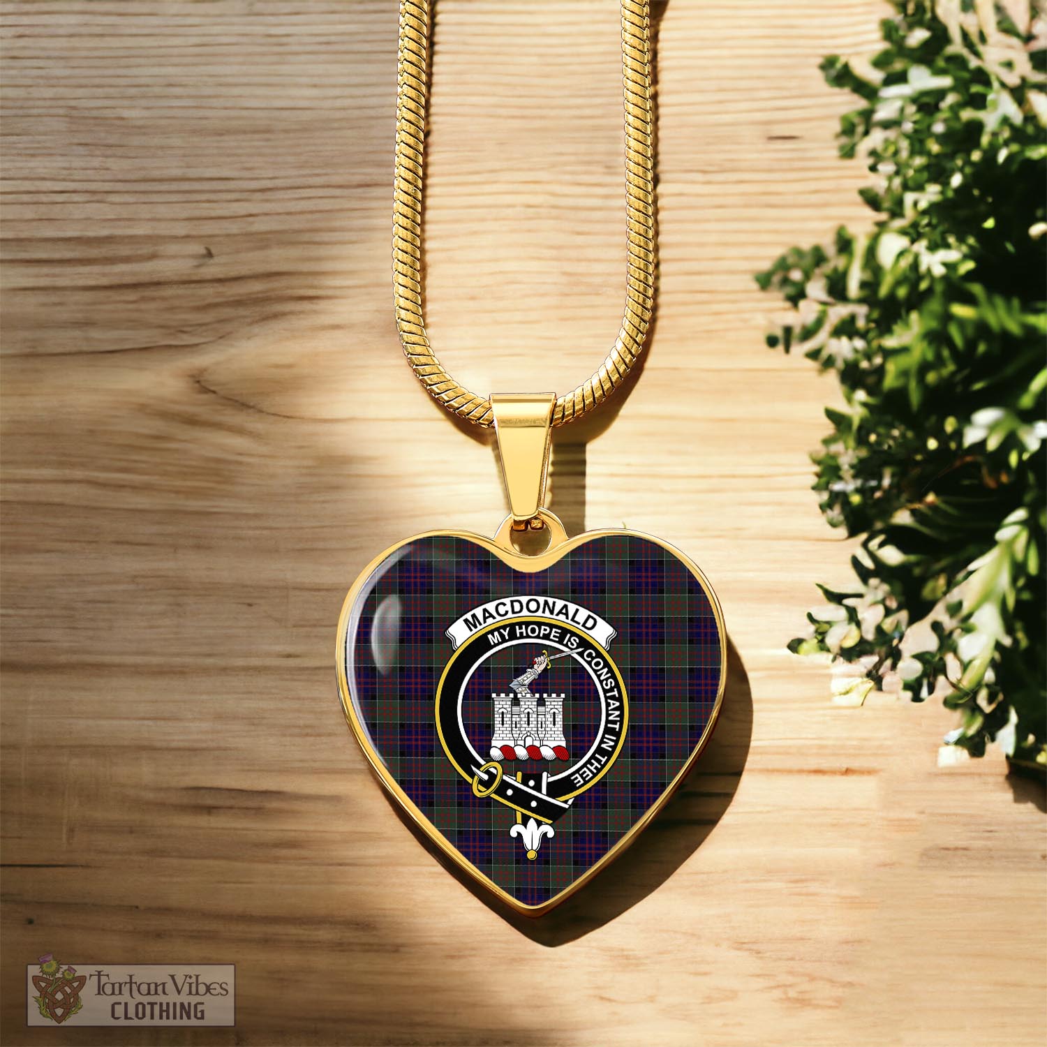 Tartan Vibes Clothing MacDonald of Clan Ranald Tartan Heart Necklace with Family Crest