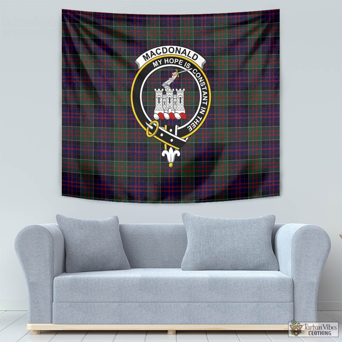 Tartan Vibes Clothing MacDonald of Clan Ranald Tartan Tapestry Wall Hanging and Home Decor for Room with Family Crest