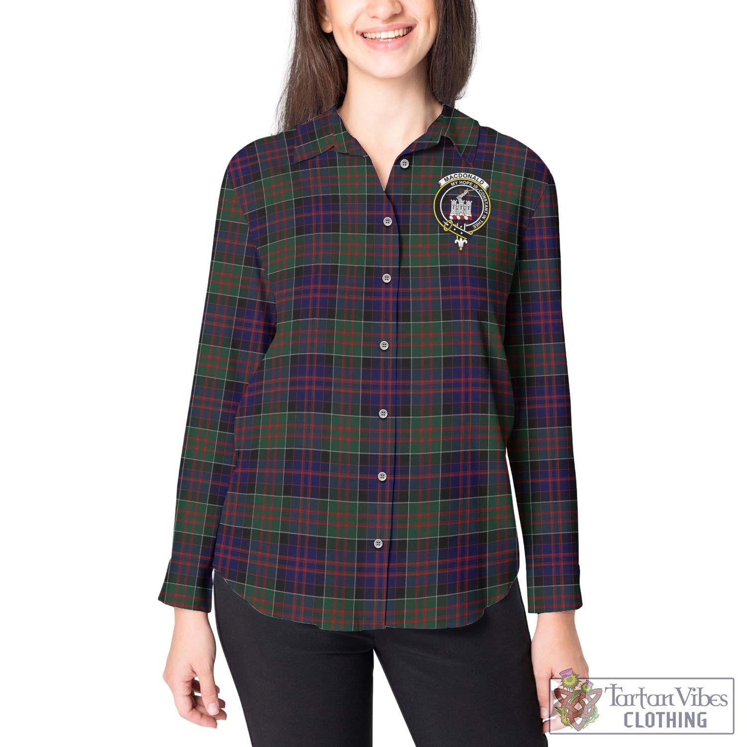 Tartan Vibes Clothing MacDonald of Clan Ranald Tartan Womens Casual Shirt with Family Crest