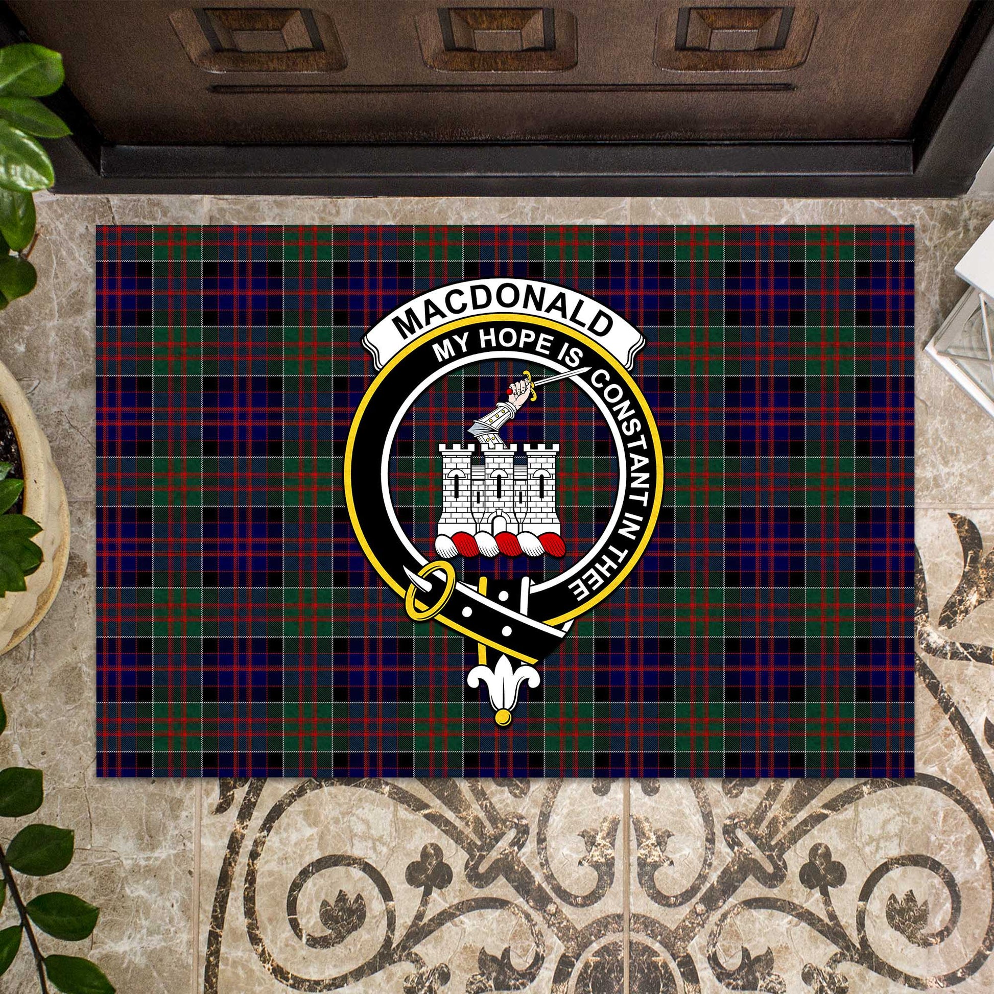 MacDonald of Clan Ranald Tartan Door Mat with Family Crest - Tartanvibesclothing