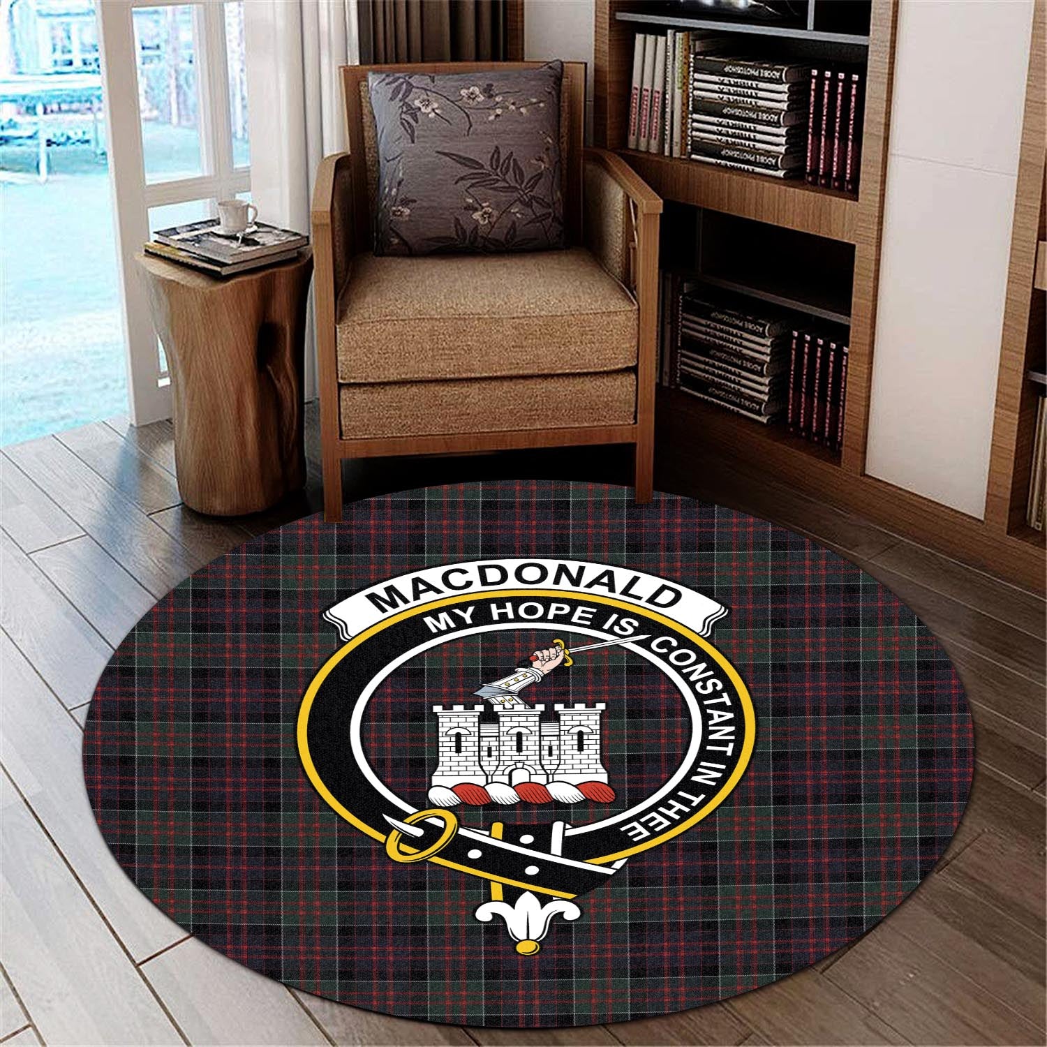 macdonald-of-clan-ranald-tartan-round-rug-with-family-crest