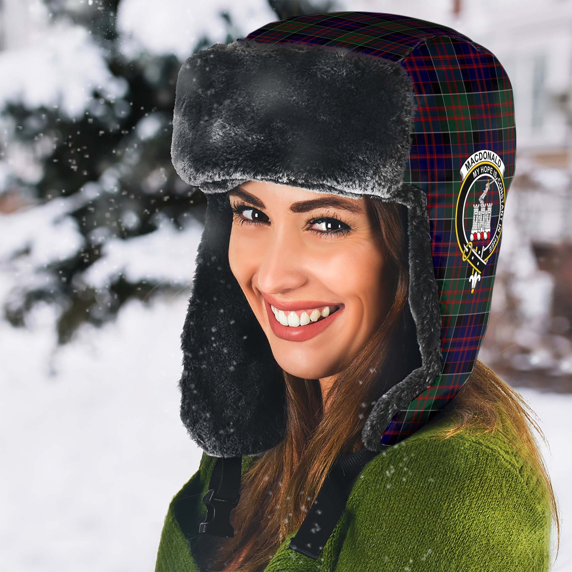 MacDonald of Clan Ranald Tartan Winter Trapper Hat with Family Crest - Tartanvibesclothing