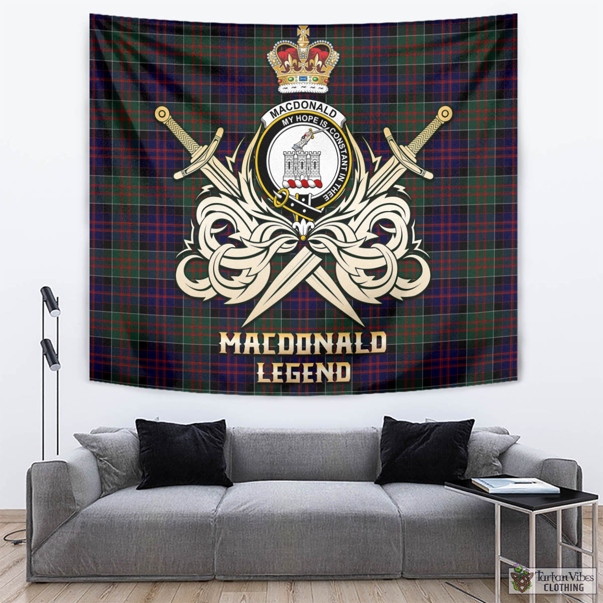 Tartan Vibes Clothing MacDonald of Clan Ranald Tartan Tapestry with Clan Crest and the Golden Sword of Courageous Legacy