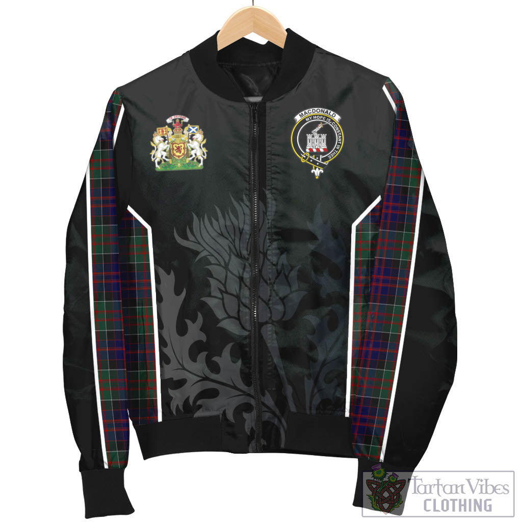 Tartan Vibes Clothing MacDonald of Clan Ranald Tartan Bomber Jacket with Family Crest and Scottish Thistle Vibes Sport Style