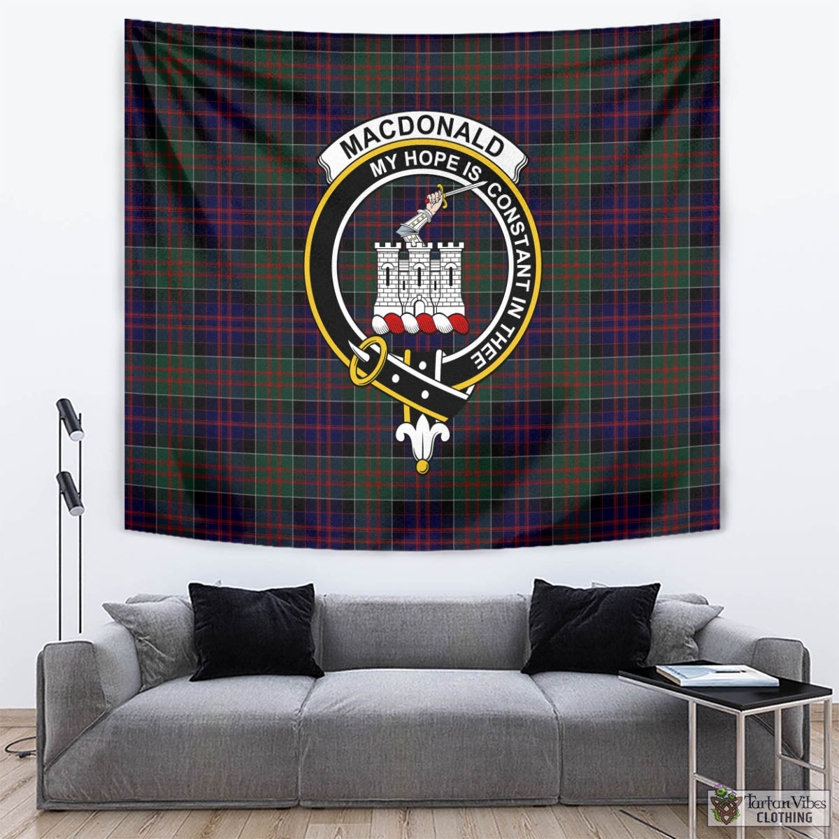 Tartan Vibes Clothing MacDonald of Clan Ranald Tartan Tapestry Wall Hanging and Home Decor for Room with Family Crest