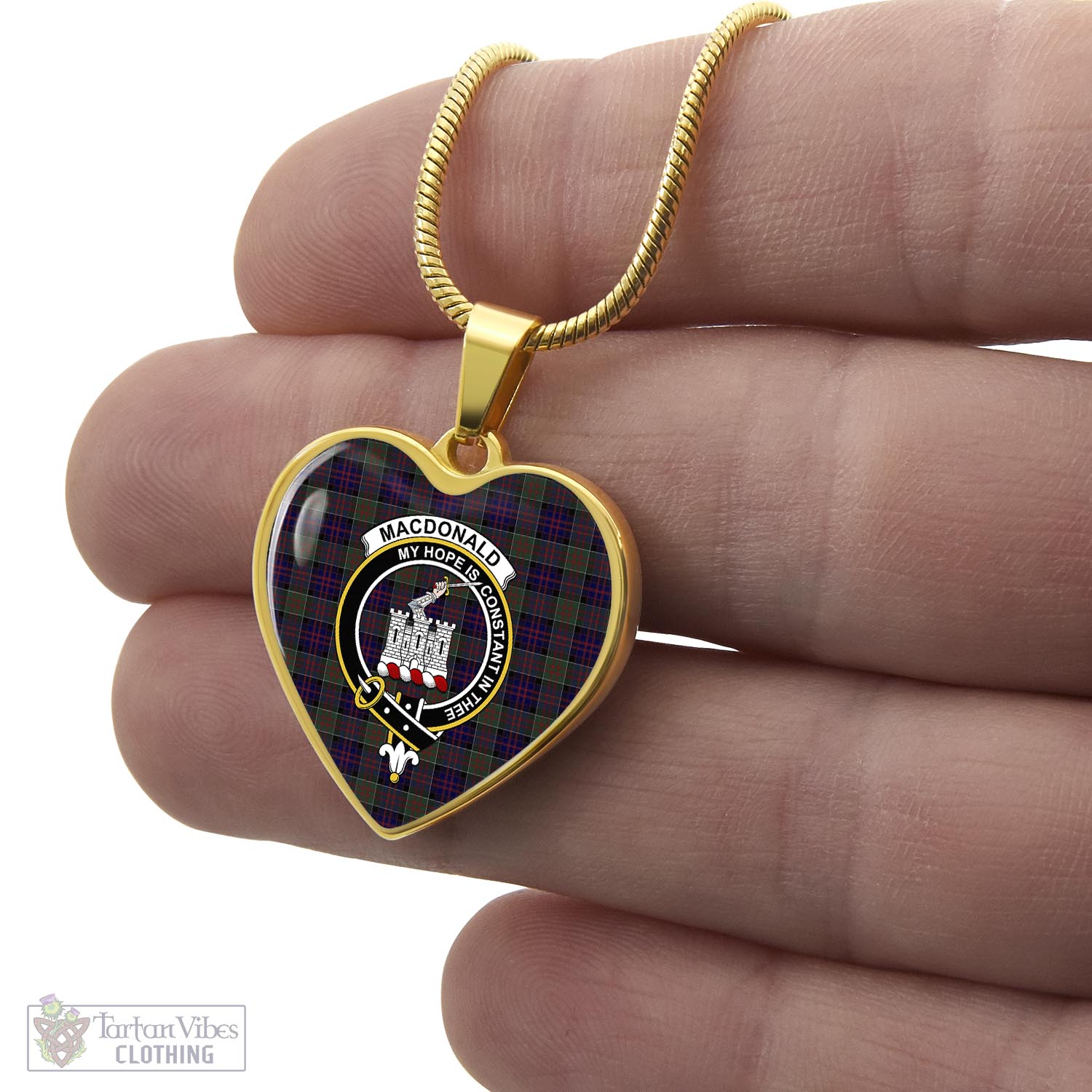 Tartan Vibes Clothing MacDonald of Clan Ranald Tartan Heart Necklace with Family Crest