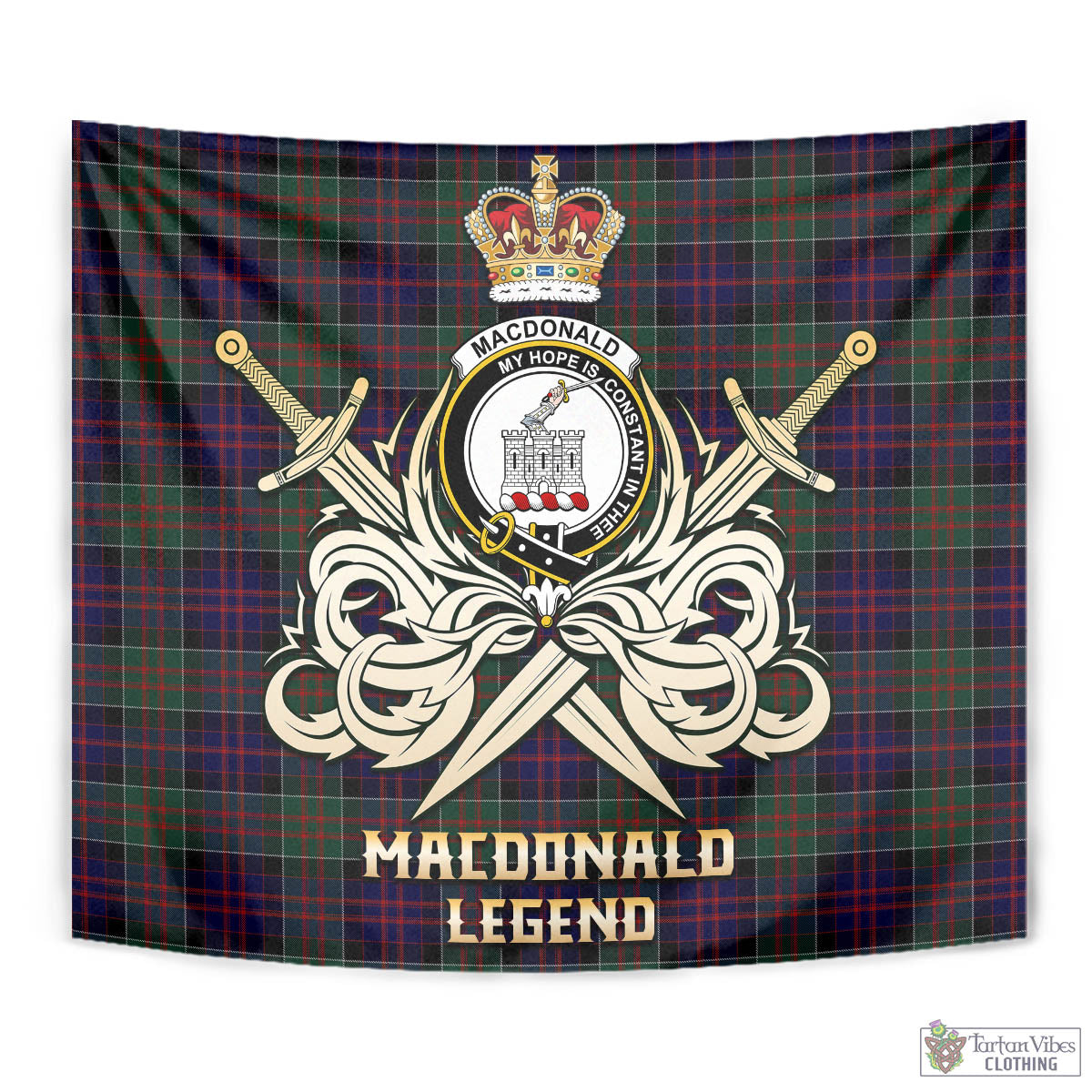 Tartan Vibes Clothing MacDonald of Clan Ranald Tartan Tapestry with Clan Crest and the Golden Sword of Courageous Legacy