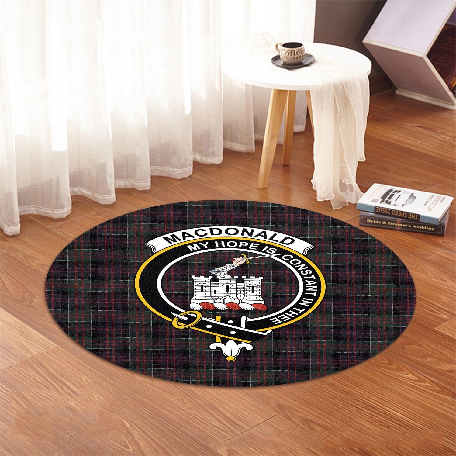 macdonald-of-clan-ranald-tartan-round-rug-with-family-crest