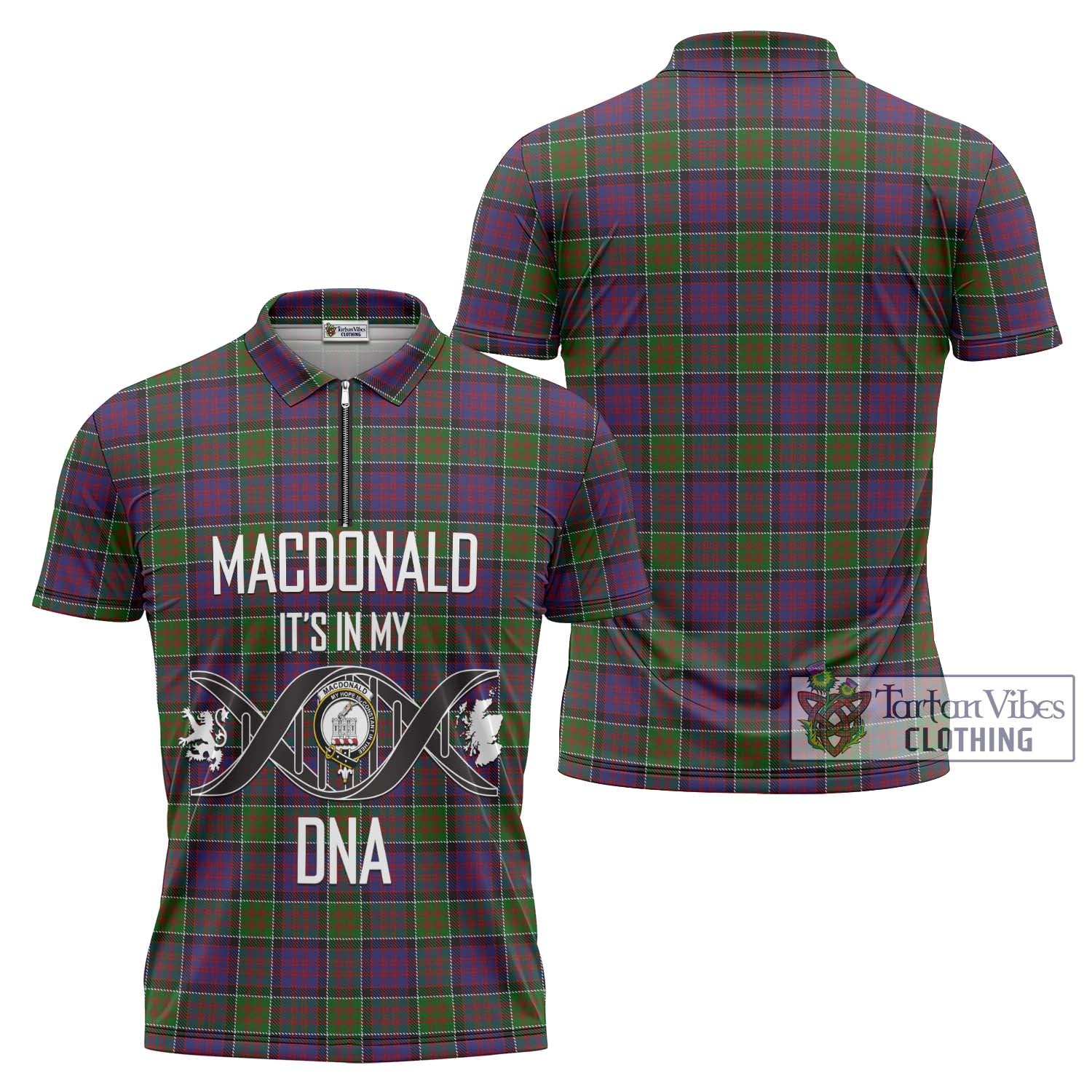 MacDonald of Clan Ranald Modern Tartan Zipper Polo Shirt with Family Crest DNA In Me Style Unisex - Tartanvibesclothing Shop