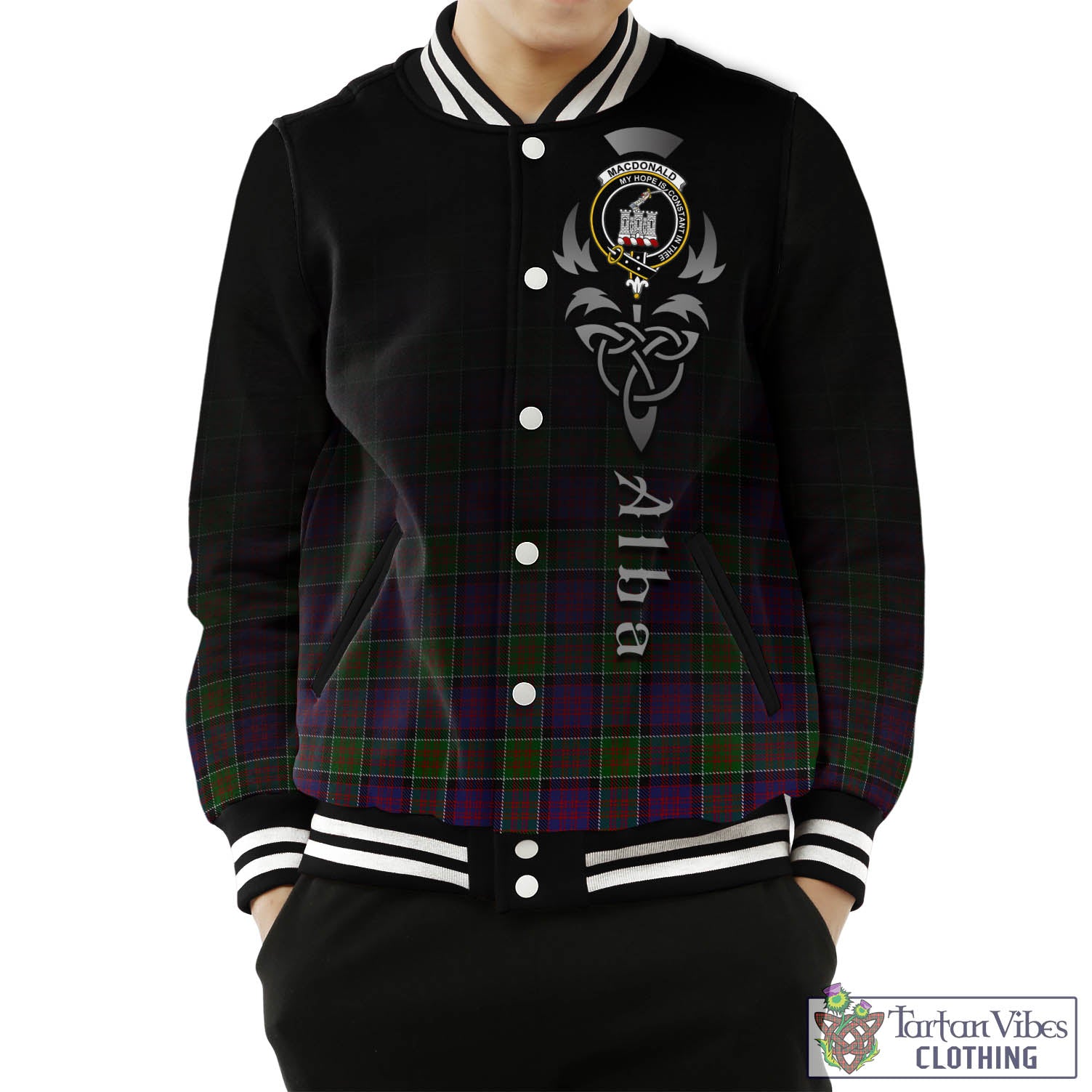 Tartan Vibes Clothing MacDonald of Clan Ranald Modern Tartan Baseball Jacket Featuring Alba Gu Brath Family Crest Celtic Inspired