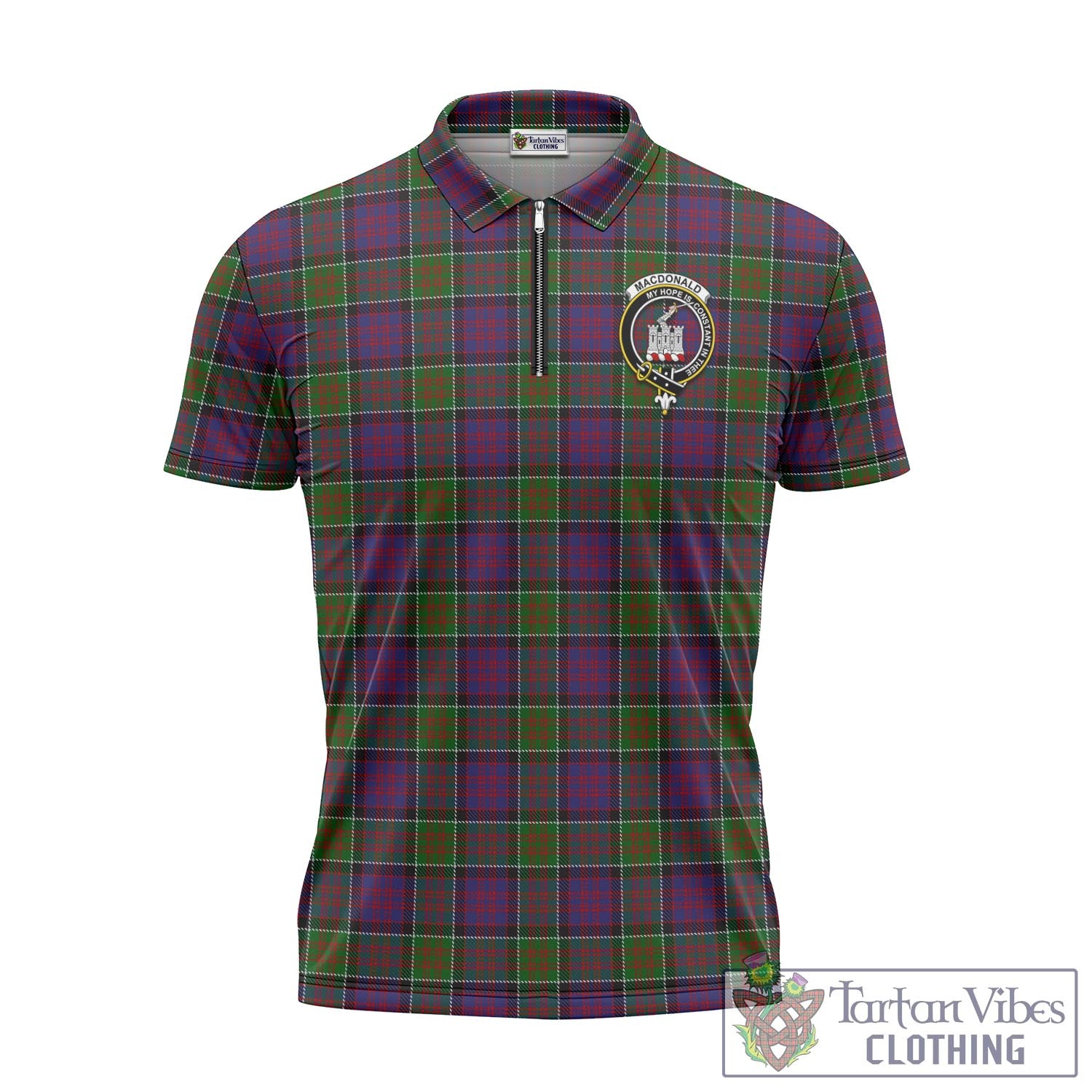 Tartan Vibes Clothing MacDonald of Clan Ranald Modern Tartan Zipper Polo Shirt with Family Crest