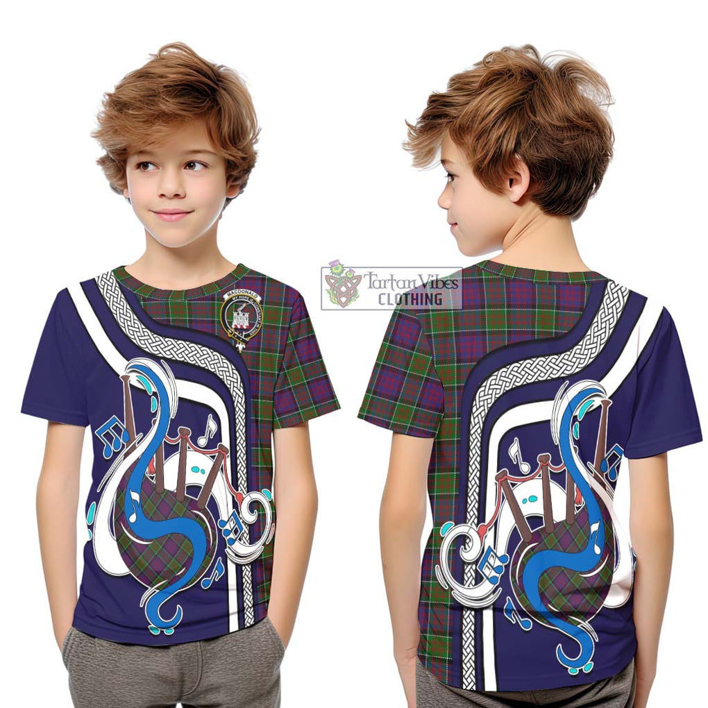 Tartan Vibes Clothing MacDonald of Clan Ranald Modern Tartan Kid T-Shirt with Epic Bagpipe Style