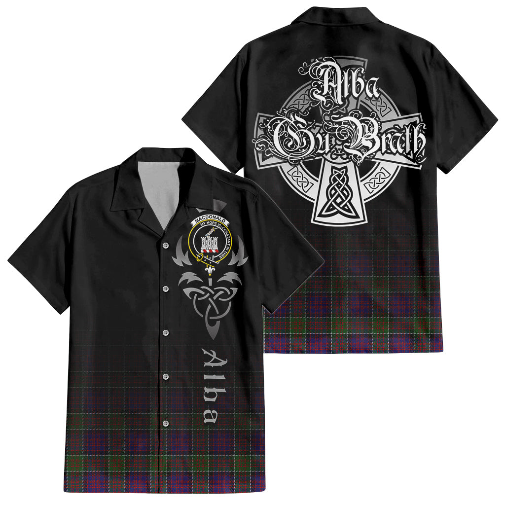 Tartan Vibes Clothing MacDonald of Clan Ranald Modern Tartan Short Sleeve Button Up Featuring Alba Gu Brath Family Crest Celtic Inspired