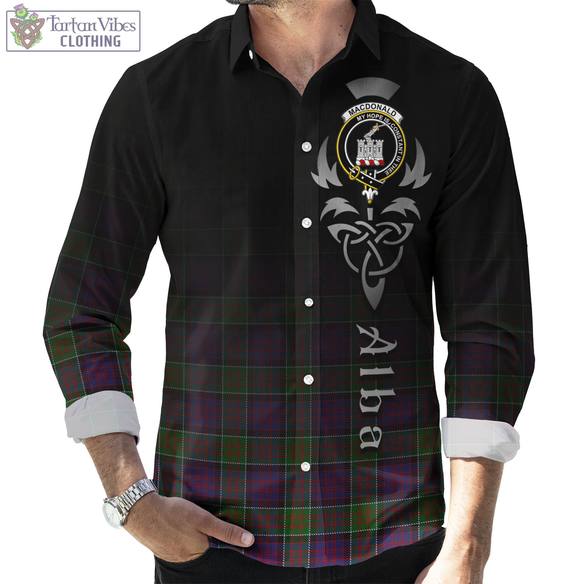 Tartan Vibes Clothing MacDonald of Clan Ranald Modern Tartan Long Sleeve Button Up Featuring Alba Gu Brath Family Crest Celtic Inspired