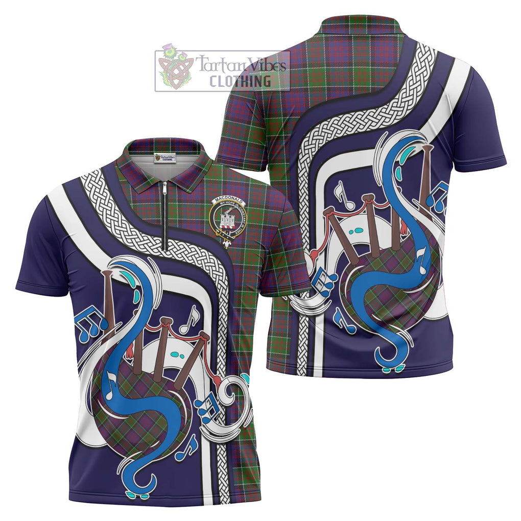 MacDonald of Clan Ranald Modern Tartan Zipper Polo Shirt with Epic Bagpipe Style Unisex - Tartanvibesclothing Shop