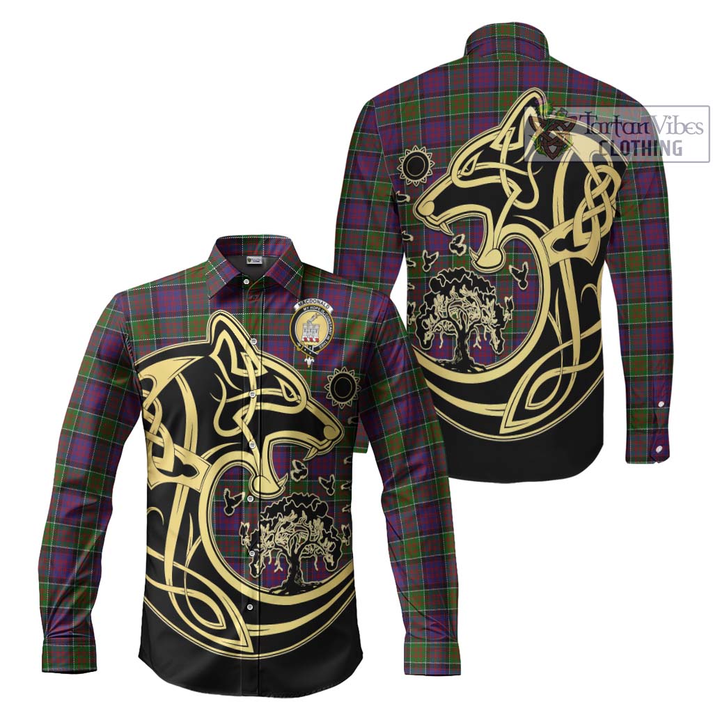 MacDonald of Clan Ranald Modern Tartan Long Sleeve Button Shirt with Family Crest Celtic Wolf Style Men's Shirt S - Tartan Vibes Clothing