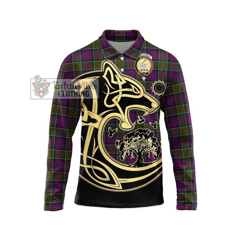 MacDonald of Clan Ranald Modern Tartan Long Sleeve Polo Shirt with Family Crest Celtic Wolf Style Unisex - Tartanvibesclothing Shop