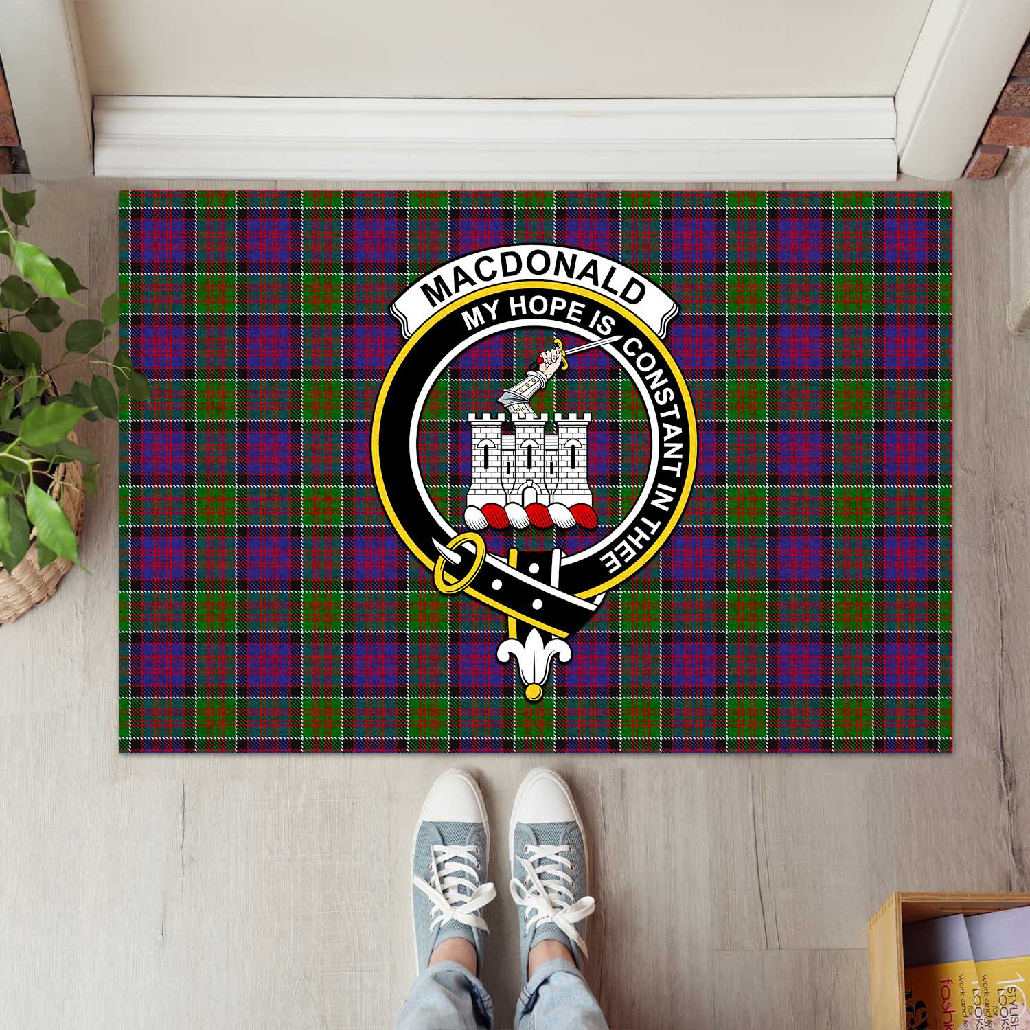 MacDonald of Clan Ranald Modern Tartan Door Mat with Family Crest - Tartanvibesclothing