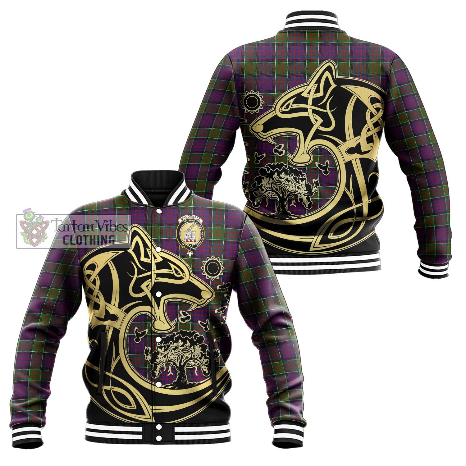 MacDonald of Clan Ranald Modern Tartan Baseball Jacket with Family Crest Celtic Wolf Style Unisex - Tartan Vibes Clothing