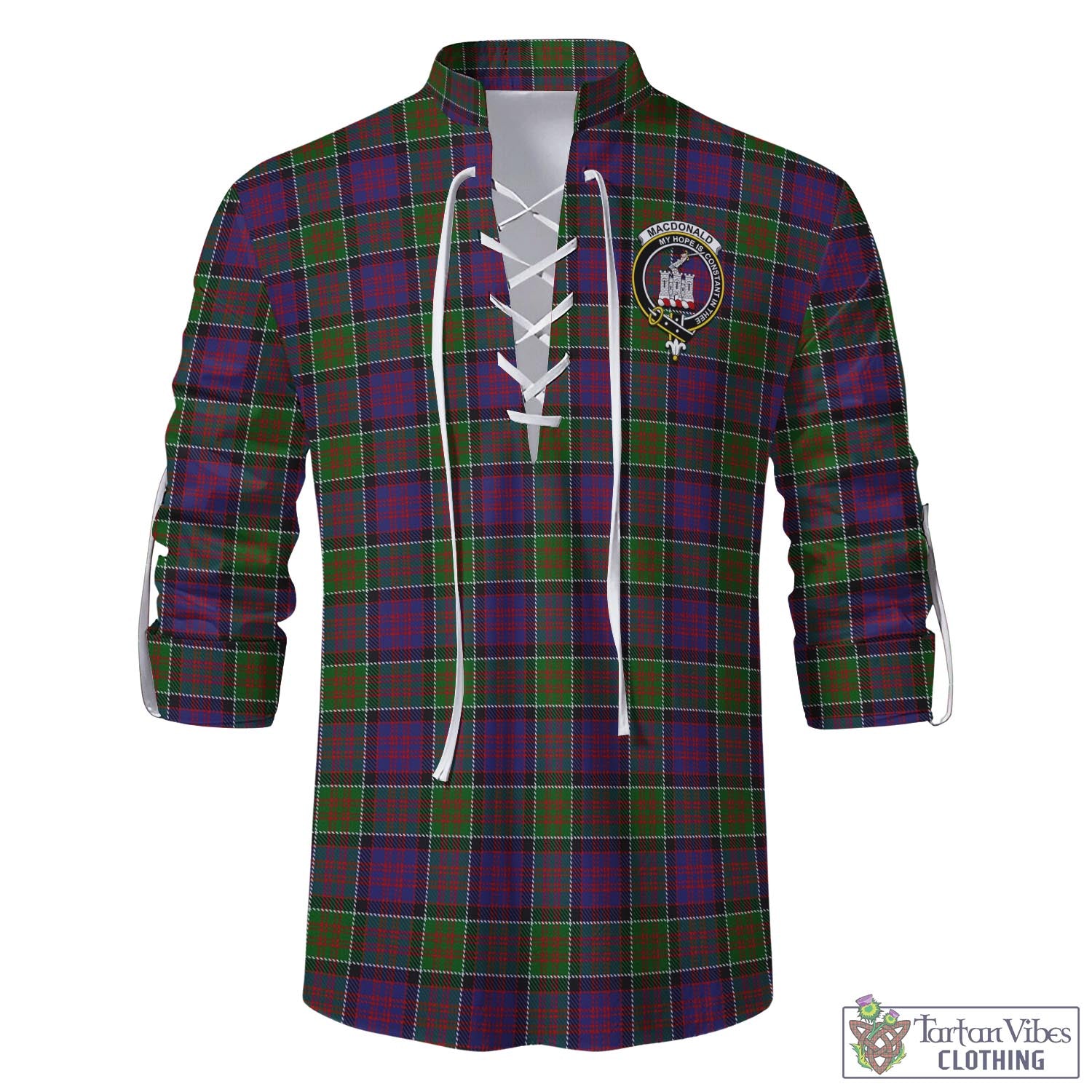 Tartan Vibes Clothing MacDonald of Clan Ranald Modern Tartan Men's Scottish Traditional Jacobite Ghillie Kilt Shirt with Family Crest