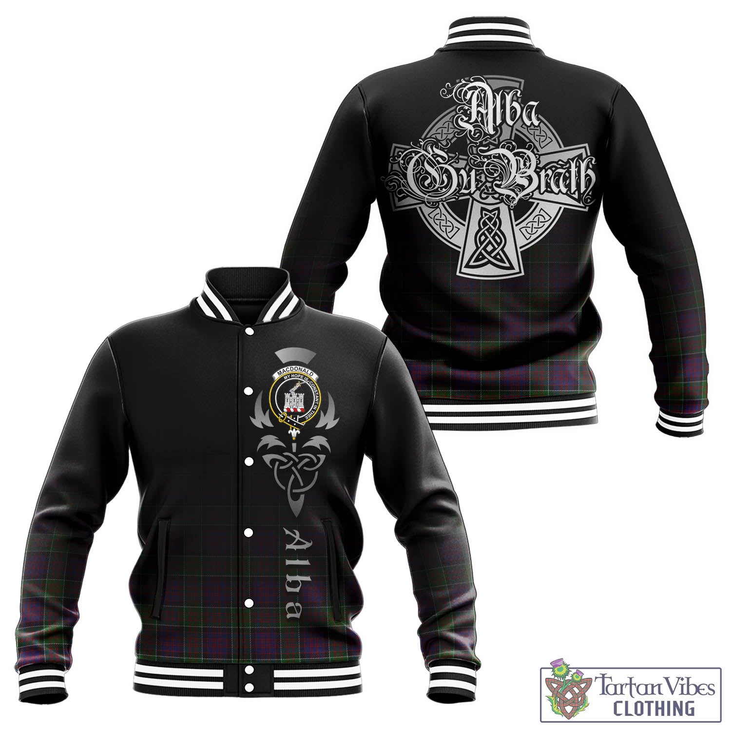 Tartan Vibes Clothing MacDonald of Clan Ranald Modern Tartan Baseball Jacket Featuring Alba Gu Brath Family Crest Celtic Inspired