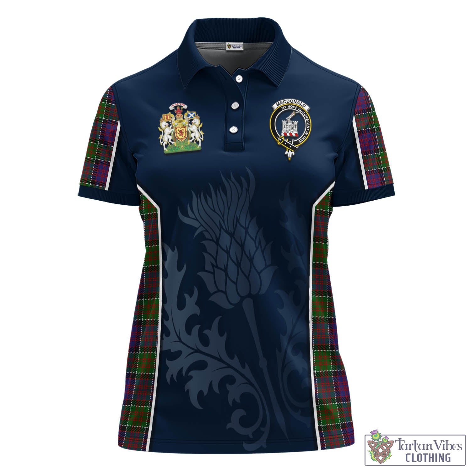 Tartan Vibes Clothing MacDonald of Clan Ranald Modern Tartan Women's Polo Shirt with Family Crest and Scottish Thistle Vibes Sport Style