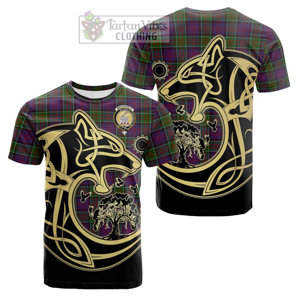 Tartan Vibes Clothing MacDonald of Clan Ranald Modern Tartan Cotton T-shirt with Family Crest Celtic Wolf Style