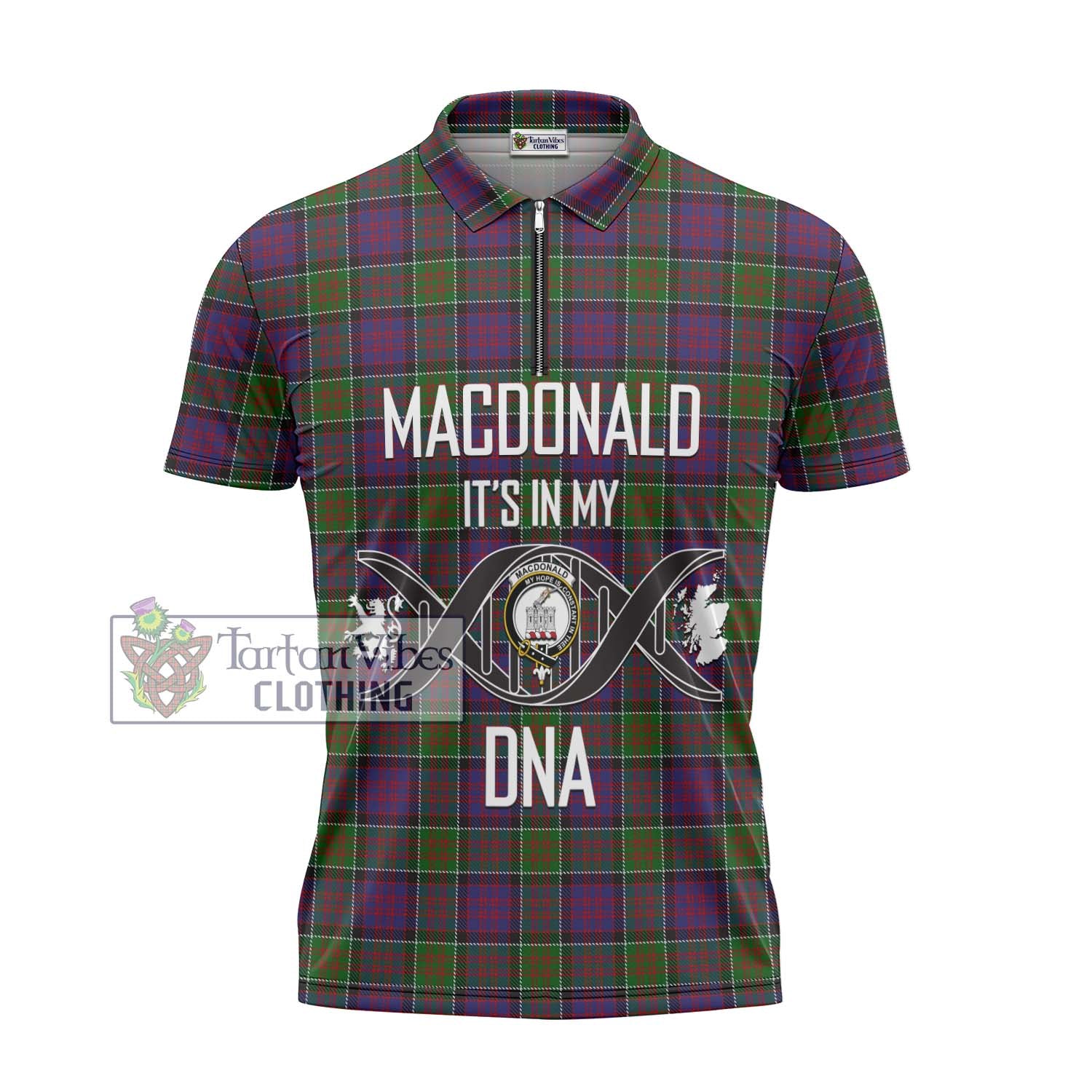 MacDonald of Clan Ranald Modern Tartan Zipper Polo Shirt with Family Crest DNA In Me Style - Tartanvibesclothing Shop