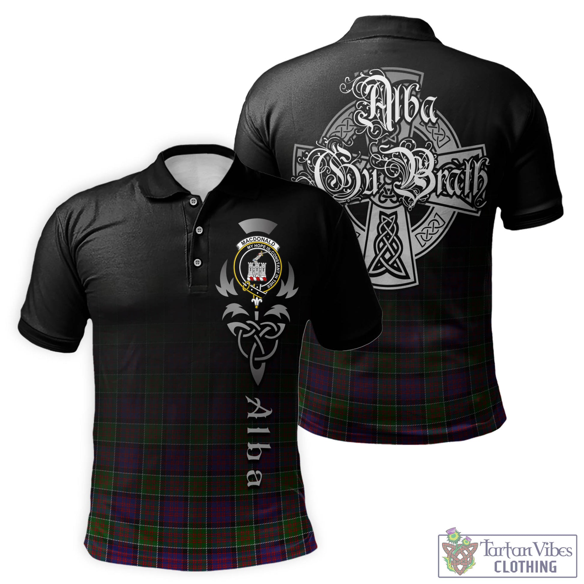 Tartan Vibes Clothing MacDonald of Clan Ranald Modern Tartan Polo Shirt Featuring Alba Gu Brath Family Crest Celtic Inspired