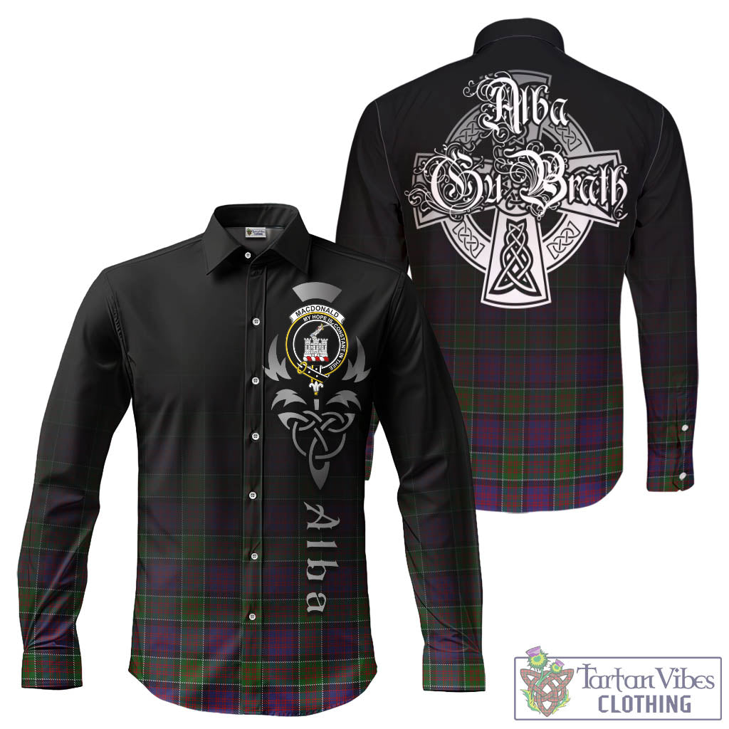 Tartan Vibes Clothing MacDonald of Clan Ranald Modern Tartan Long Sleeve Button Up Featuring Alba Gu Brath Family Crest Celtic Inspired