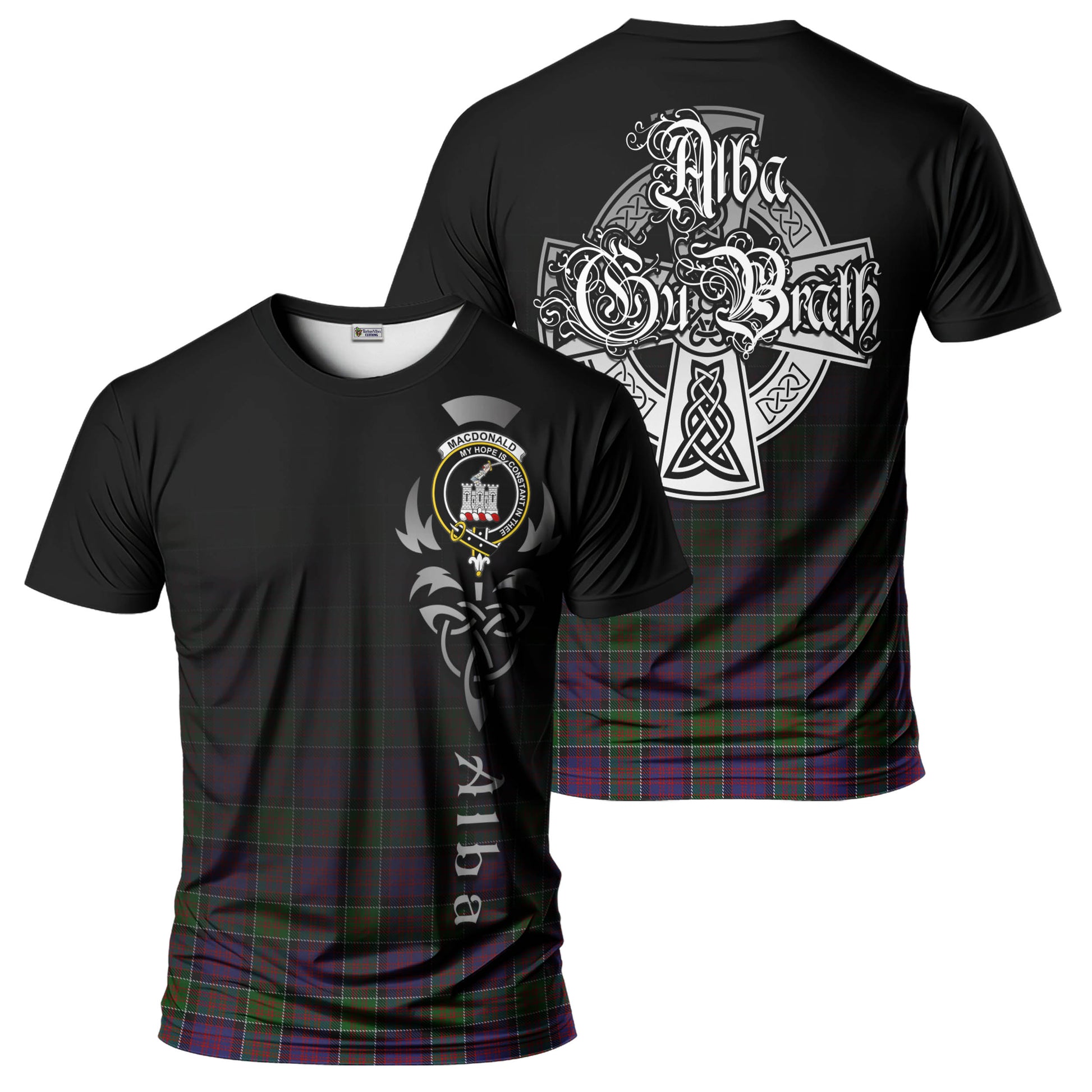 Tartan Vibes Clothing MacDonald of Clan Ranald Modern Tartan T-Shirt Featuring Alba Gu Brath Family Crest Celtic Inspired