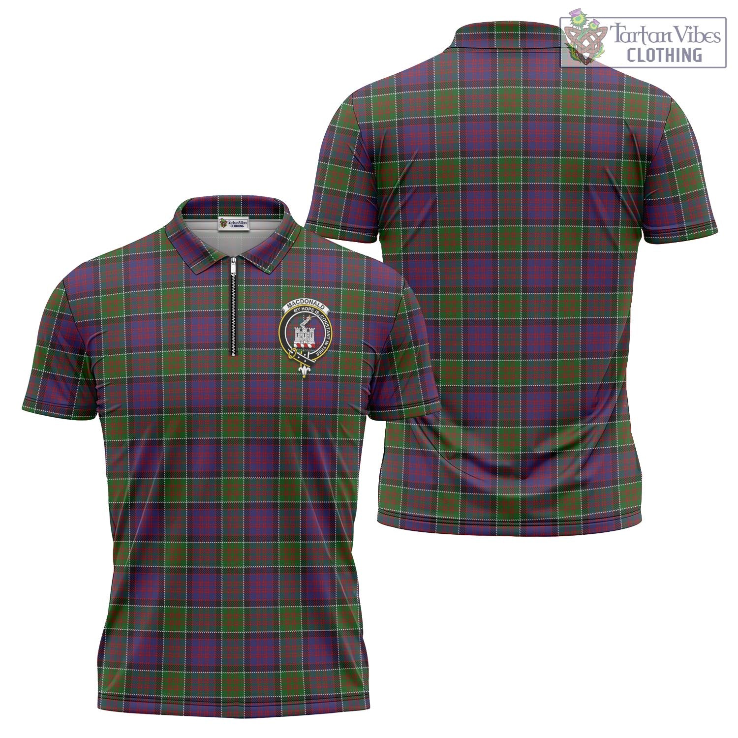 Tartan Vibes Clothing MacDonald of Clan Ranald Modern Tartan Zipper Polo Shirt with Family Crest