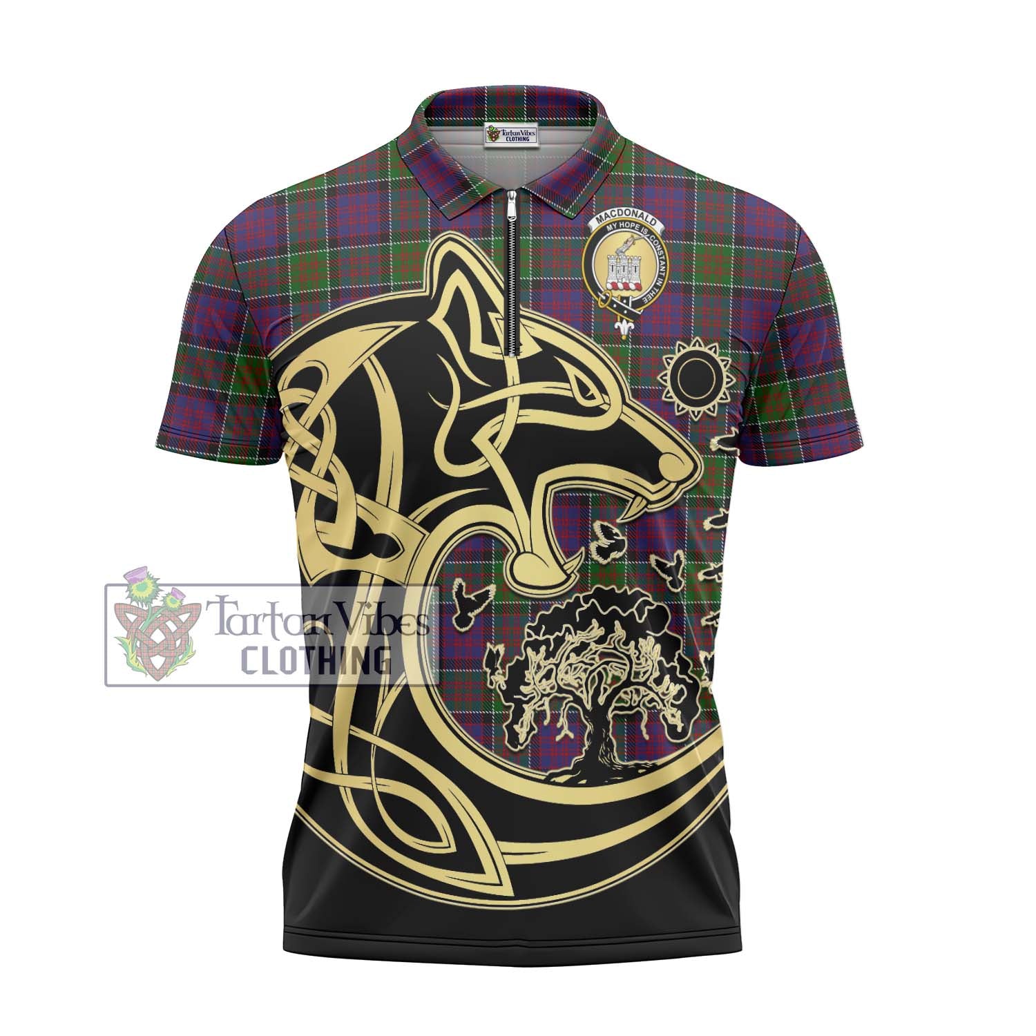 MacDonald of Clan Ranald Modern Tartan Zipper Polo Shirt with Family Crest Celtic Wolf Style - Tartanvibesclothing Shop