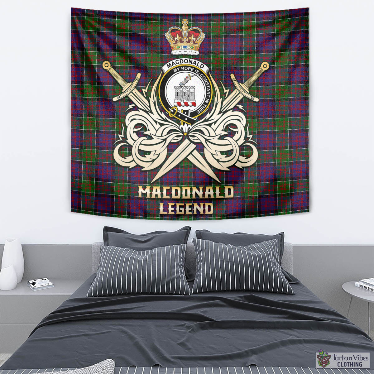 Tartan Vibes Clothing MacDonald of Clan Ranald Modern Tartan Tapestry with Clan Crest and the Golden Sword of Courageous Legacy