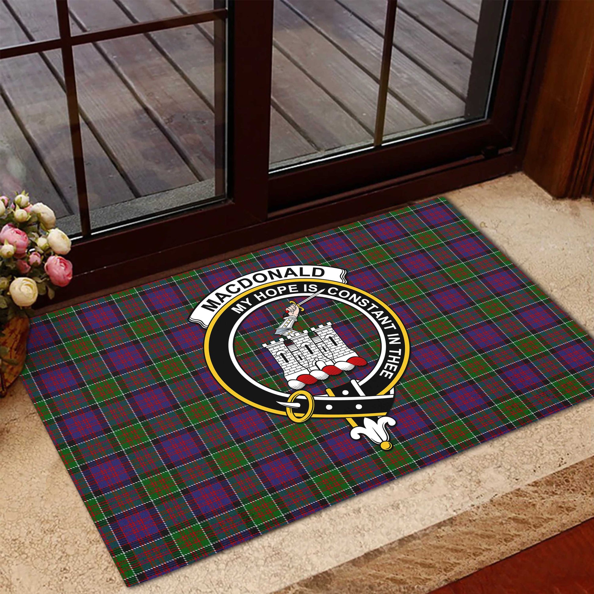 MacDonald of Clan Ranald Modern Tartan Door Mat with Family Crest - Tartanvibesclothing